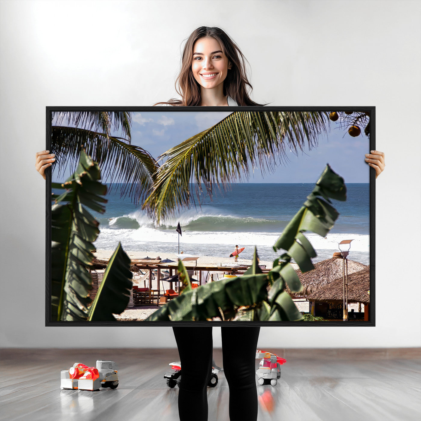 34722557-MGV-CV-36X24-Tropical Shoreline Wall Art Canvas Print, Framed Surfer Beach Art Picture Print, Coastal Surf Perfect Tropical Coastal Decor