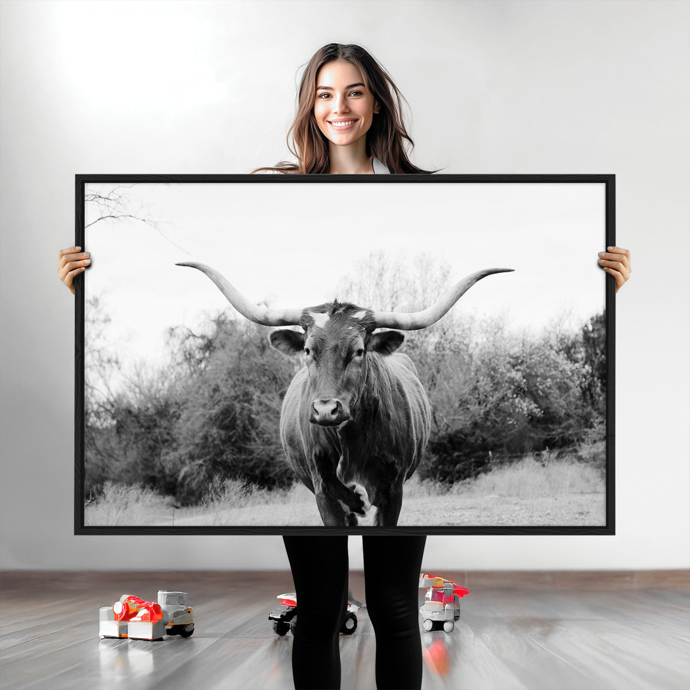 97280319-MGV-CV-36X24-Longhorn Photography Wall Art Canvas Print, Framed Western Cow Decor Art Picture Print, Texas Ranch Style Perfect Rustic Farmhouse