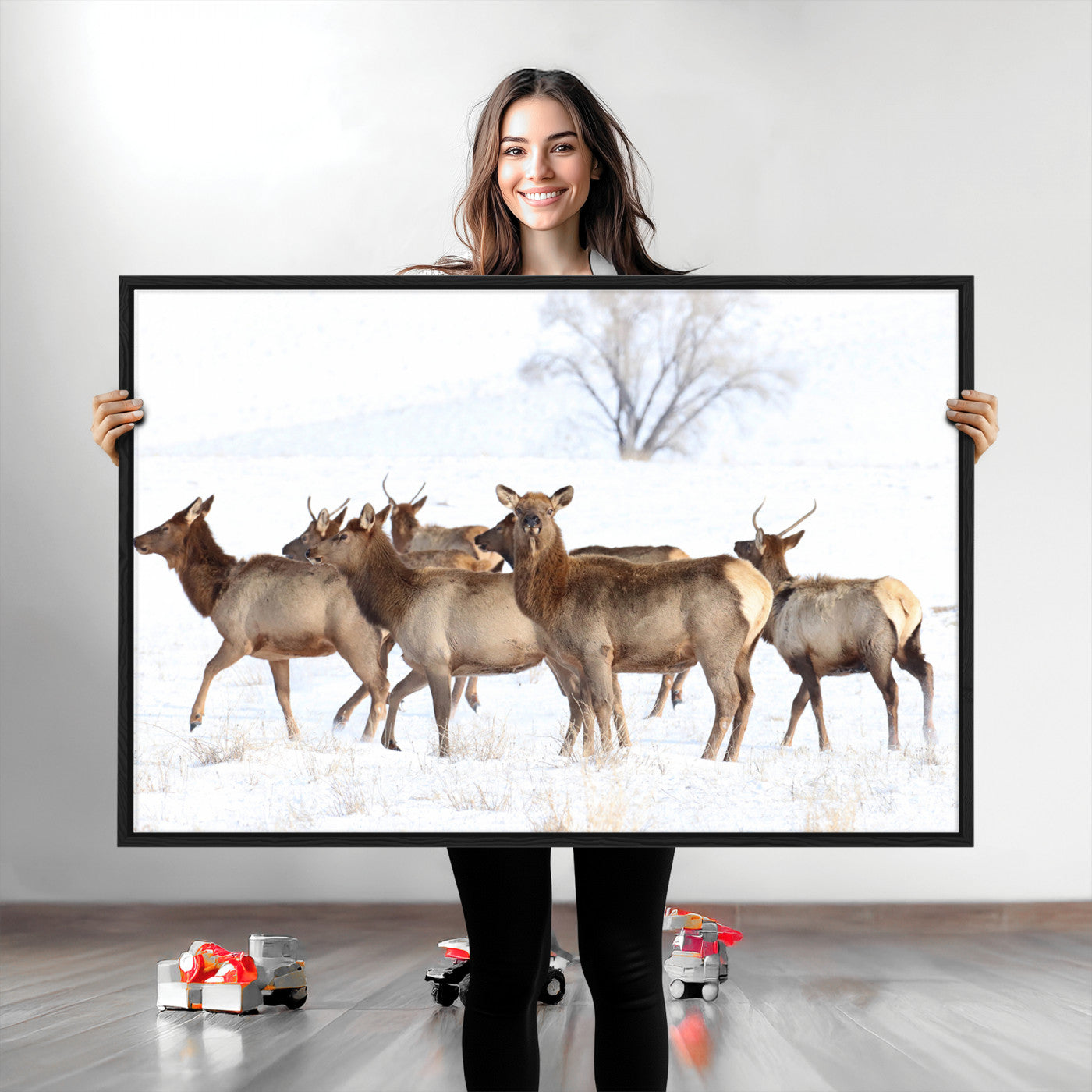 68738684-MGV-CV-36X24-Winter Elk Scene Wall Art Canvas Print, Framed Wildlife Photography Art Picture Print, Snowy Deer Decor Perfect Rustic Lodge Decor