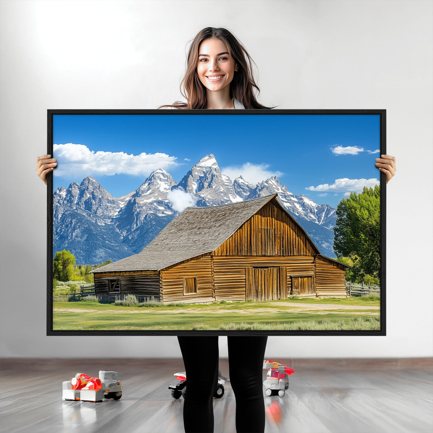75948467-MGV-CV-36X24-Mountain Barn Scene Wall Art Canvas Print, Framed Rustic Farmhouse Style Art Picture Print, Country Cabin Decor Perfect Rustic