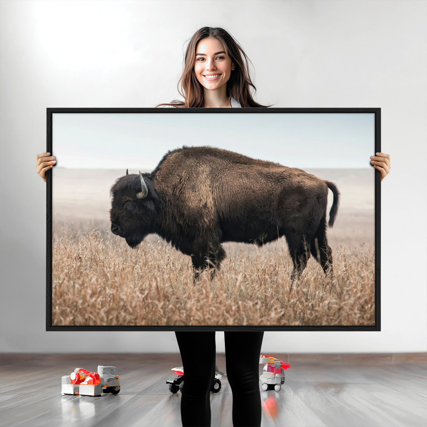 34451925-MGV-CV-36X24-Rustic Bison Decor Wall Art Canvas Print, Framed Buffalo Home Accent Art Picture Print, Prairie Wildlife Scene Perfect Western