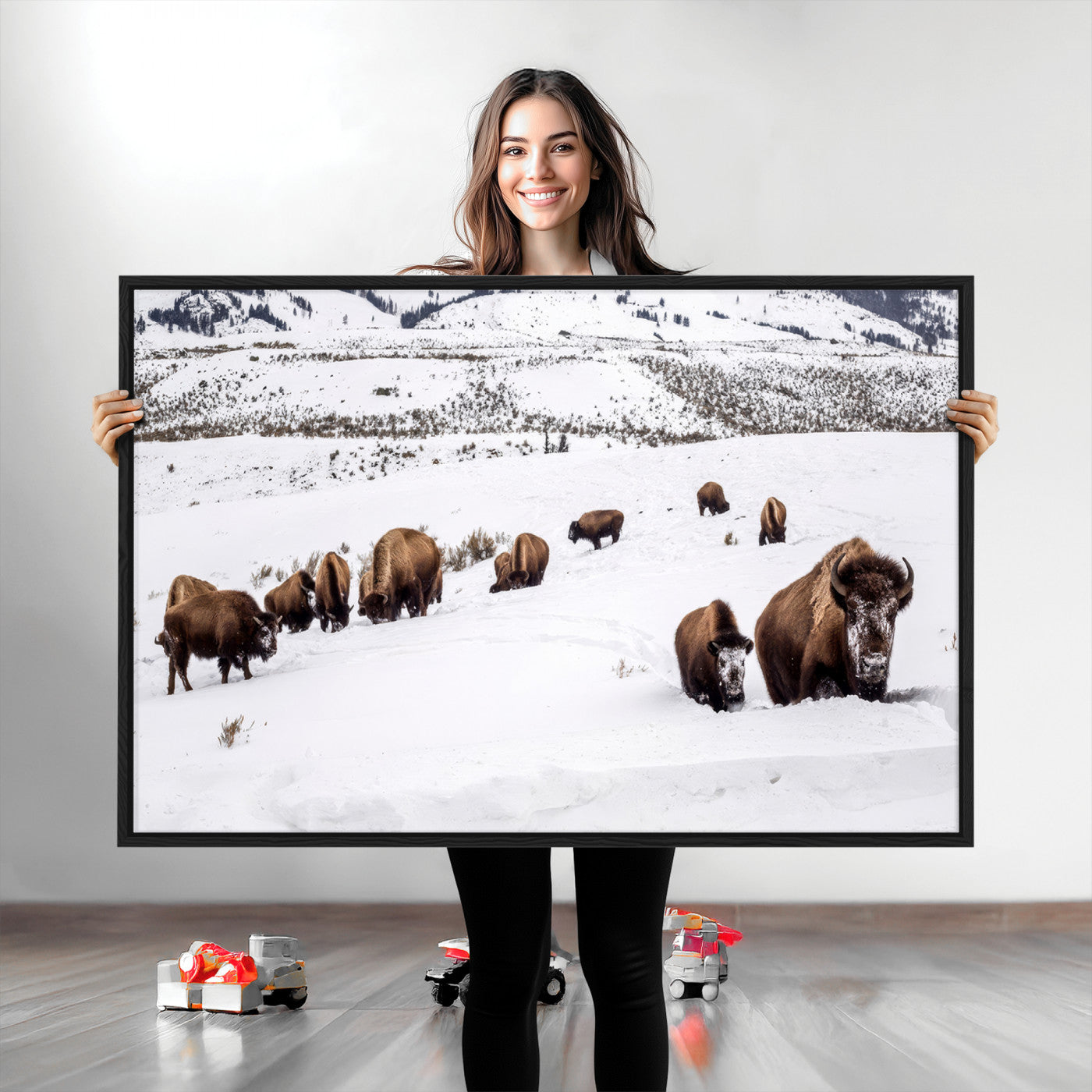 13891210-MGV-CV-36X24-Bison Herd Scene Wall Art Canvas Print, Framed Western Wildlife Decor Art Picture Print, Snowy Mountain Valley Perfect Rustic