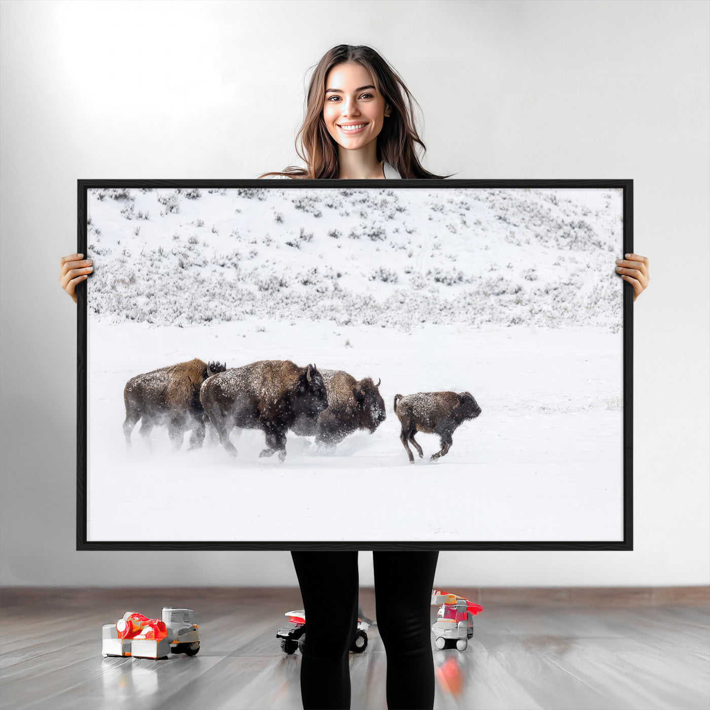 56216945-MGV-CV-36X24-Bison Herd Decor Wall Art Canvas Print, Framed Snowy Bison Scene Art Picture Print, Winter Wildlife Theme Perfect Rustic Western