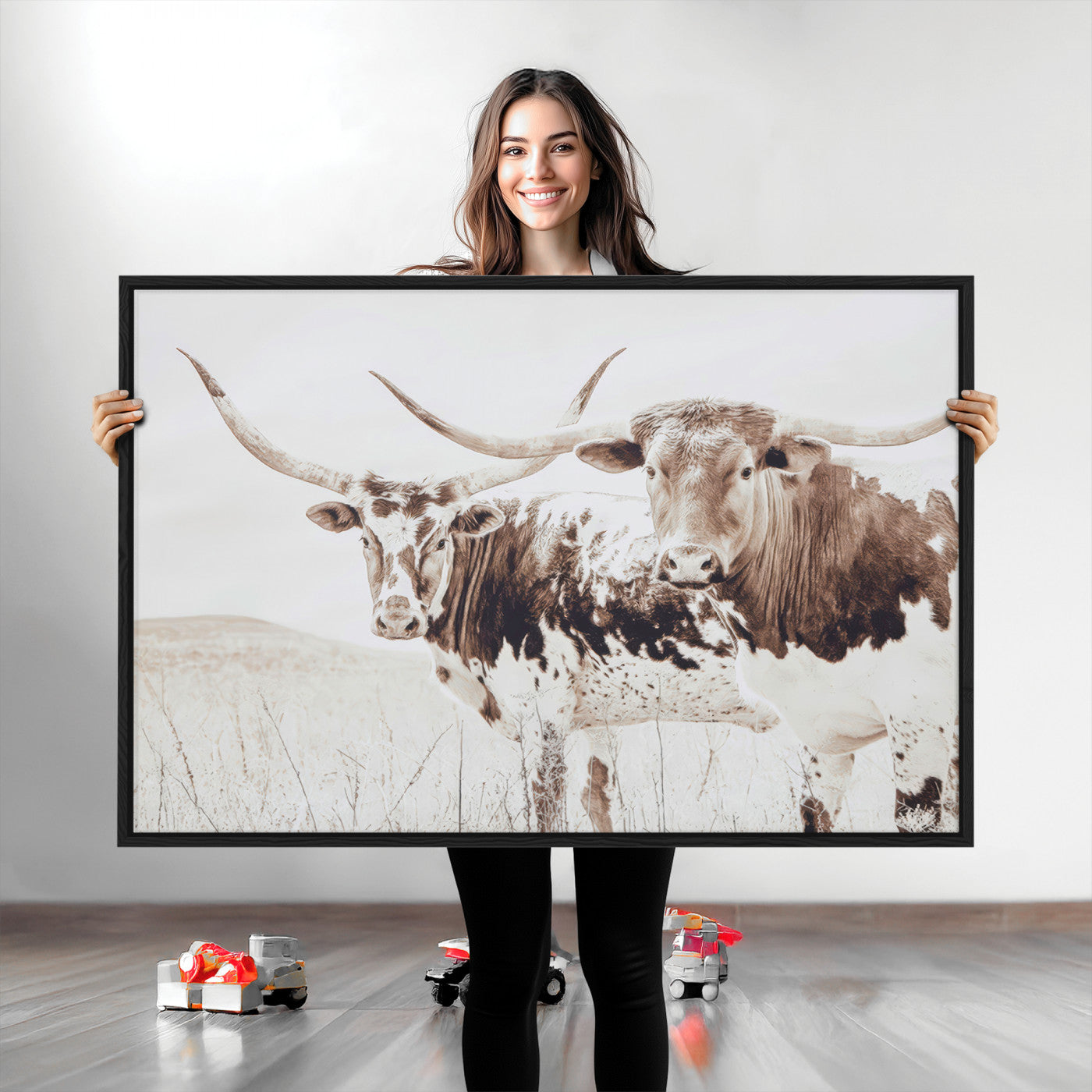 48161868-MGV-CV-36X24-Longhorn Cow Decor Wall Art Canvas Print, Framed Rustic Cattle Art Picture Print, Sepia Western Vibe Perfect Neutral Rustic