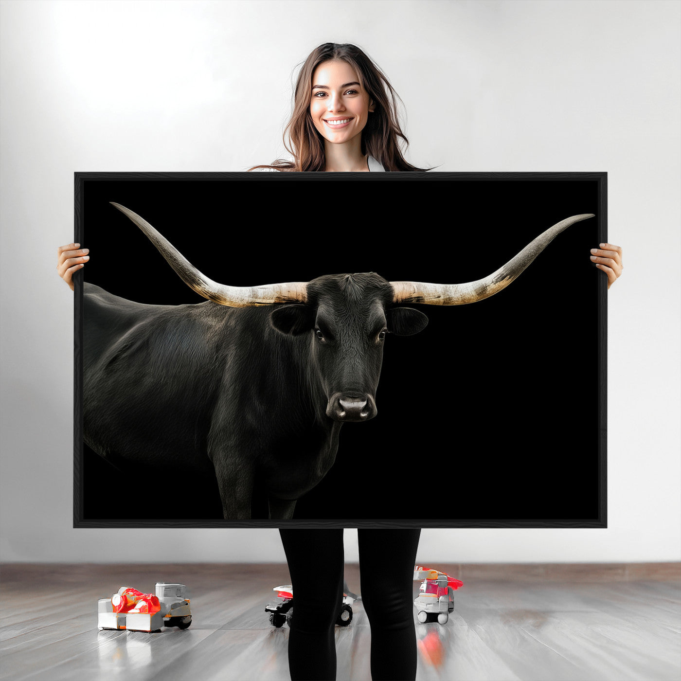 23572907-MGV-CV-36X24-Texas Longhorn Wall Art Canvas Print, Framed Rustic Western Decor Art Picture Print, Farmhouse Animal Perfect Modern Western
