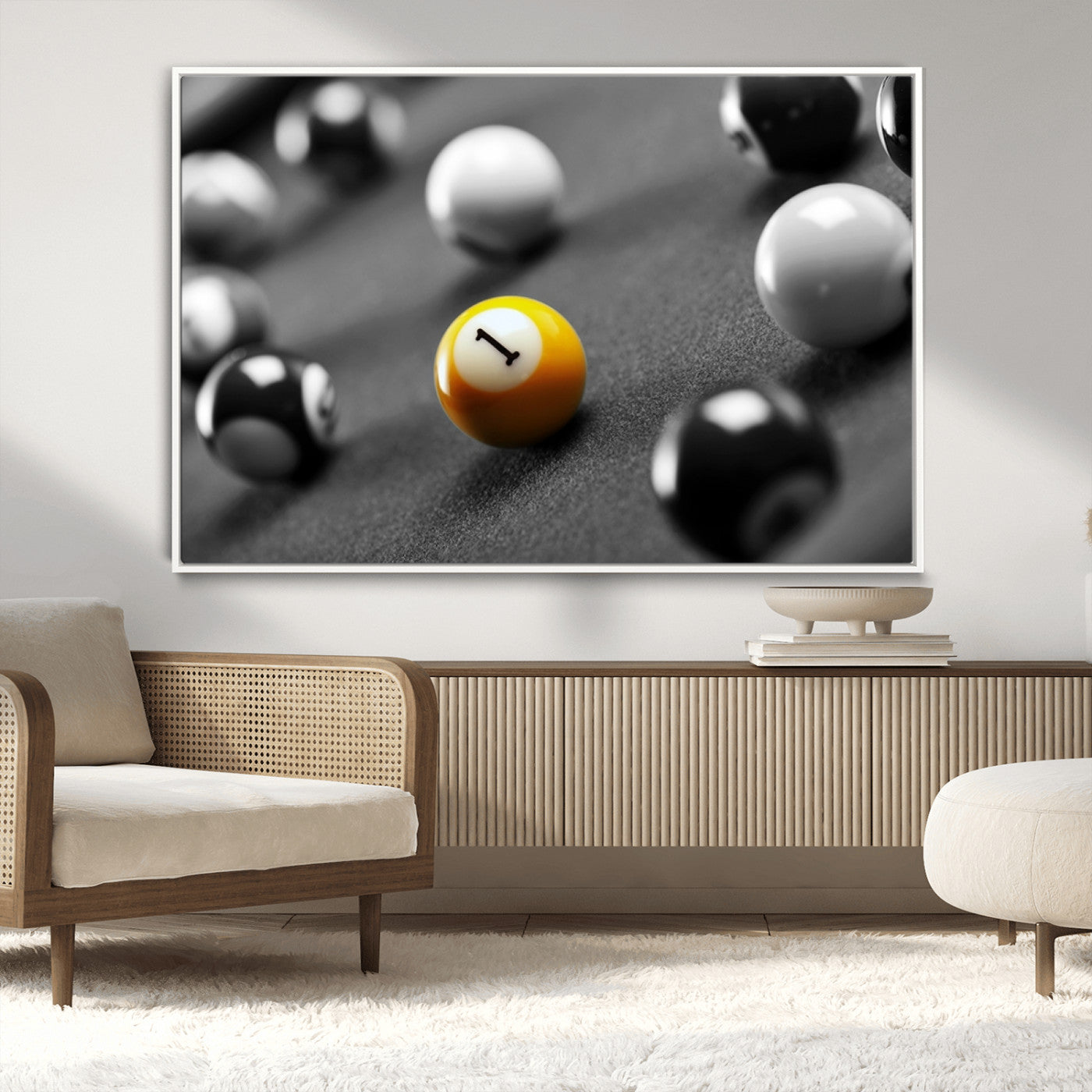 52108-MGV-CV-36X24-Precision Pool Table Wall Art – Close Up Yellow 1 Ball Canvas Print, Hand-Played Billiards Game Decor for Office, Game Room, or