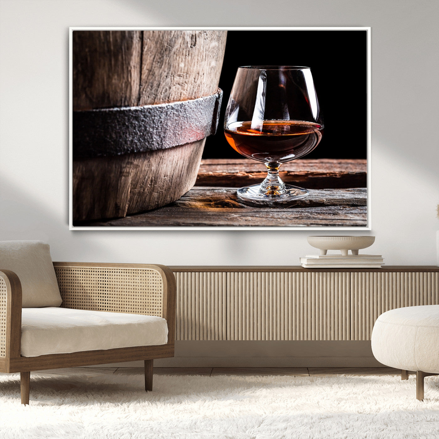 50839-MGV-CV-36X24-Barrel & Brandy Wall Art – Rustic Whiskey Barrel and Brandy Glass Canvas Print, Elegant Home Bar or Lounge Decor for Office, Man