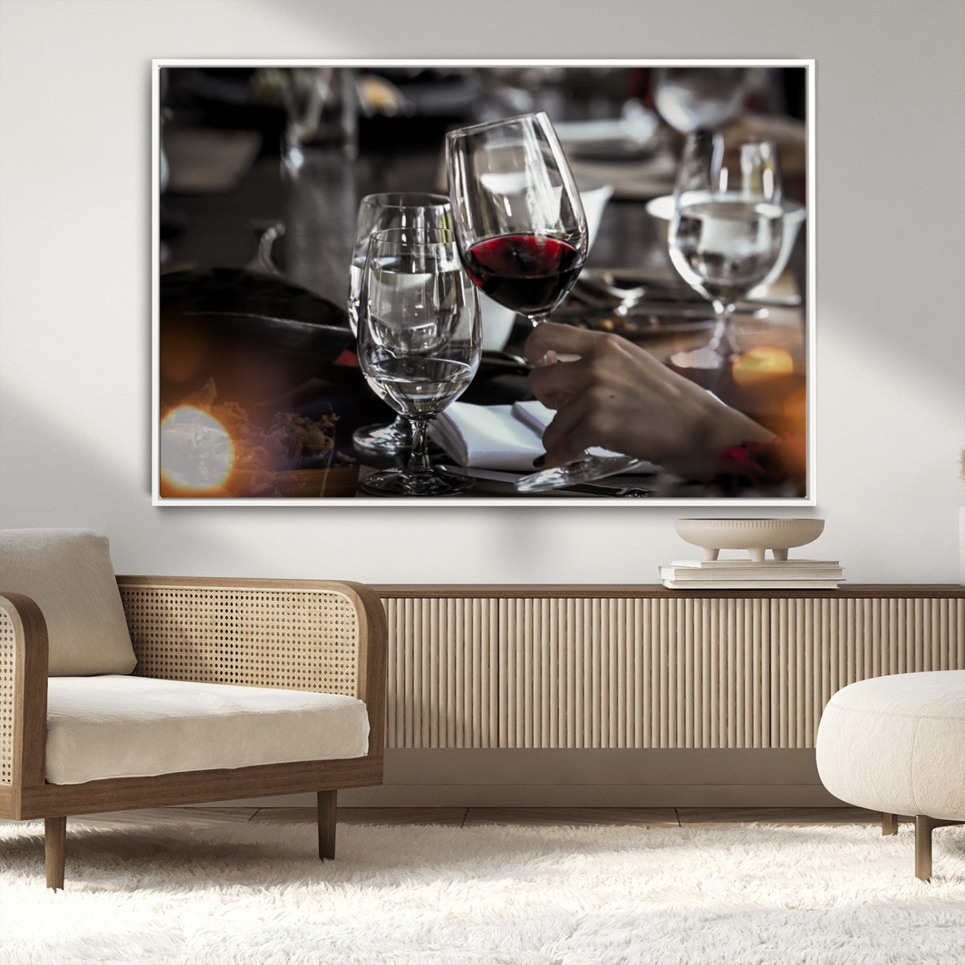75513-MGV-CV-36X24-Elegant Wine Toast Wall Art – Close-Up Red Wine Glass at Dinner Table Canvas Print, Sophisticated Dining Room or Bar Decor