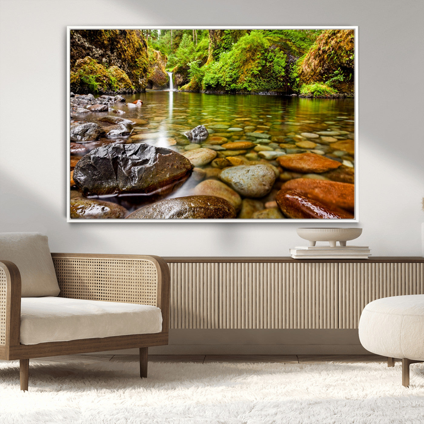 98096-MGV-CV-36X24-Serene River Waterfall Nature Photo – Calm Clear Water, Vibrant Green Forest and Smooth Stones Landscape Wall Art for Home or