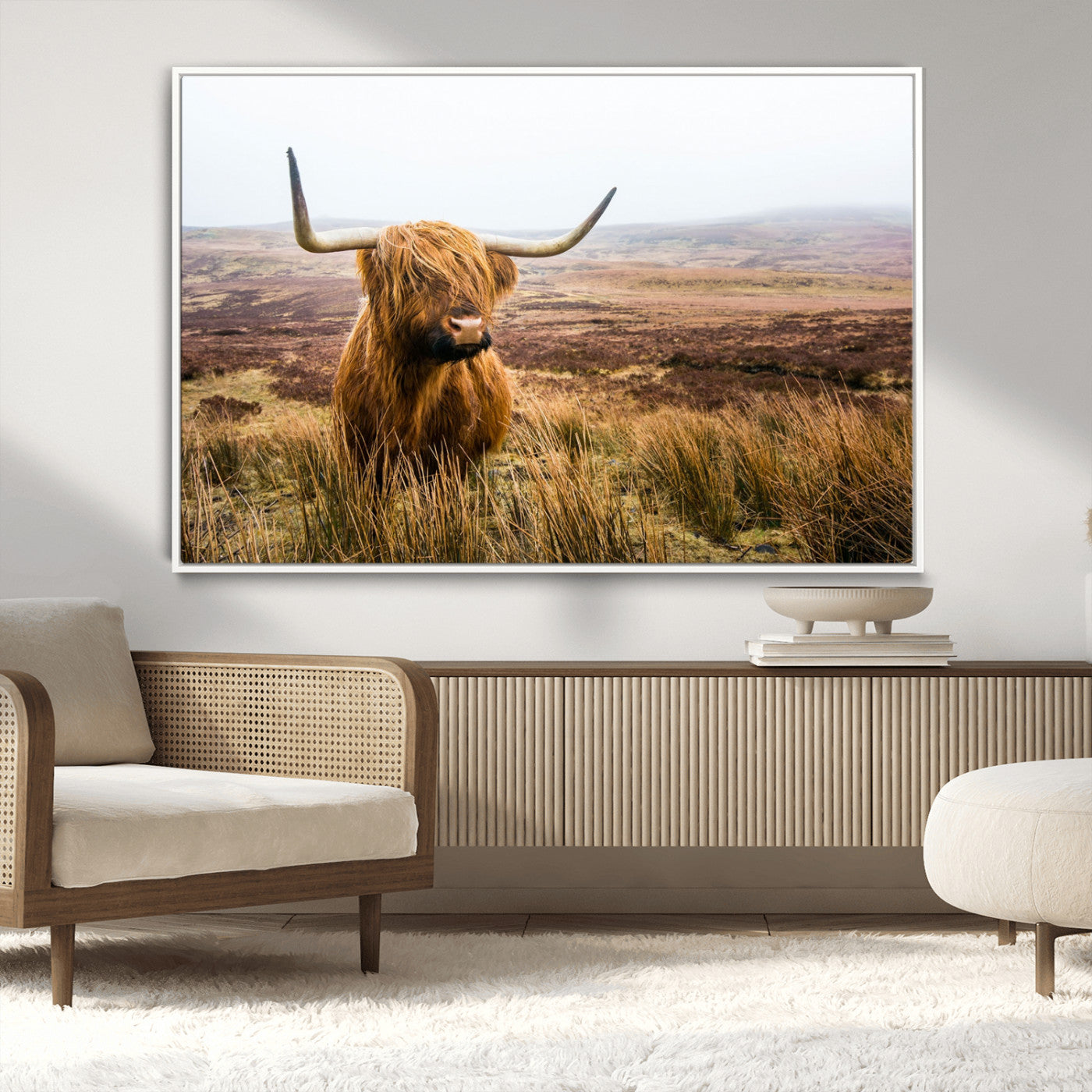 79391-MGV-CV-36X24-Majestic Highland Cow in Misty Scottish Moorland – Rustic Natural Charm, Perfect for Unique Home or Office Decor