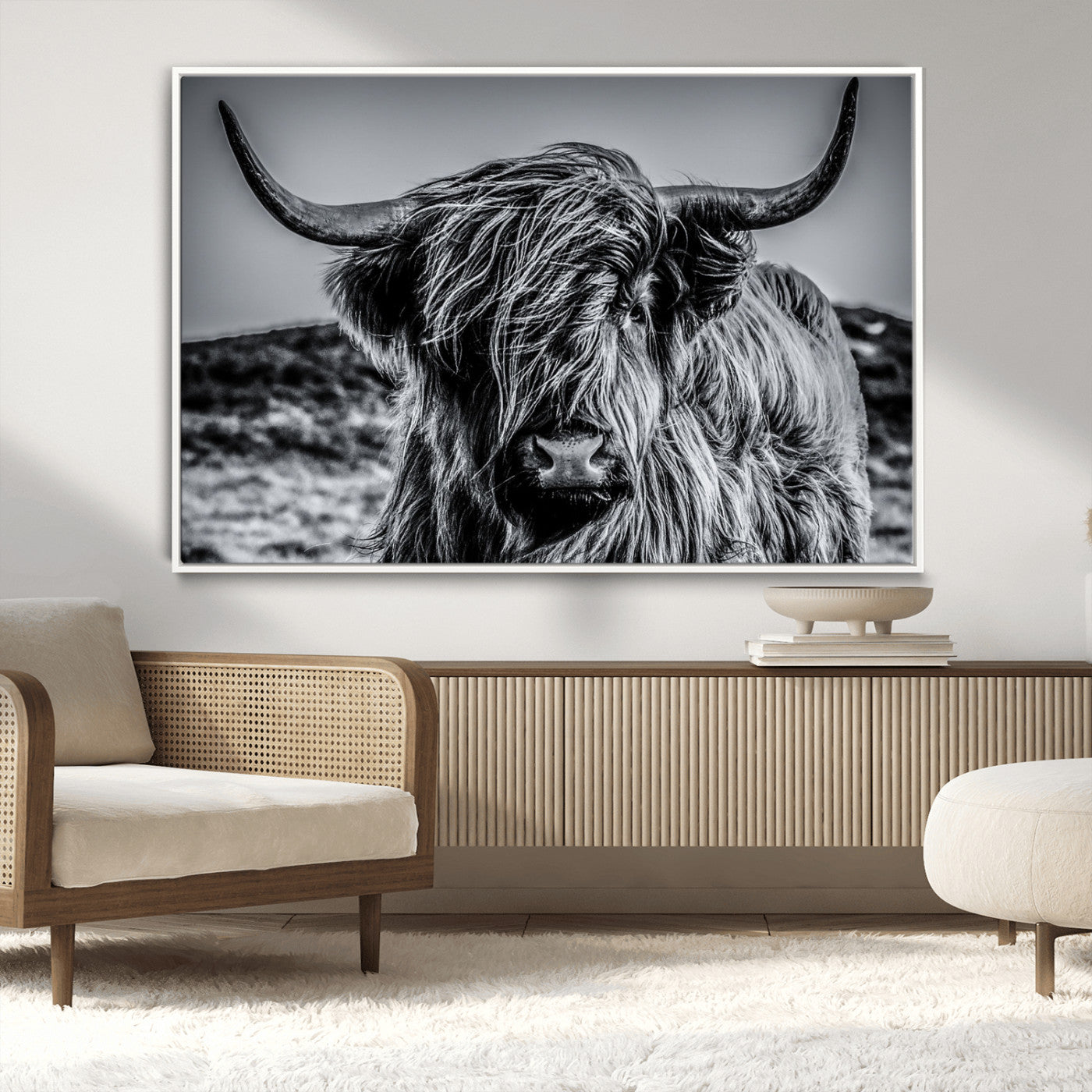 97372-MGV-CV-36X24-Elegant Highland Cow Wall Art – Black and White Canvas Print, Rustic Nature Decor for Home, Office, Living Room or Man Cave