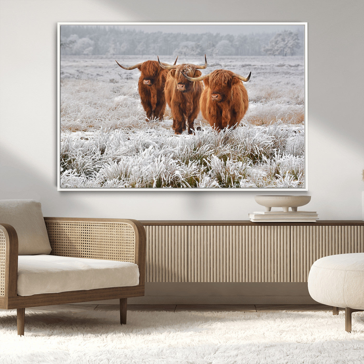 10396-MGV-CV-36X24-Highland Cattle Wall Art – Rustic Winter Landscape Canvas Print, Farmhouse Decor for Living Room, Office, Cabin or Country Home