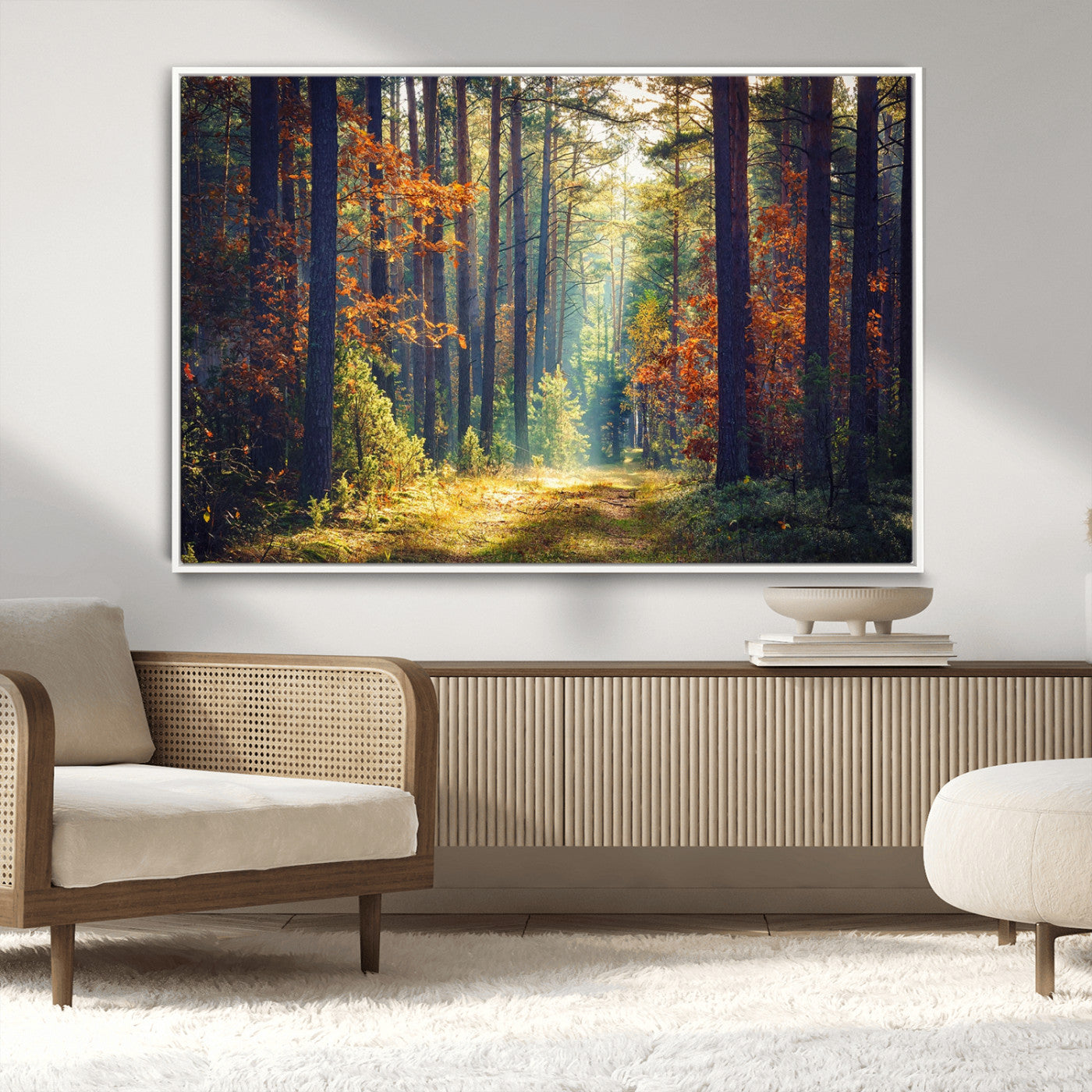 86249-MGV-CV-36X24-Sunlit Autumn Forest Path Wall Art – Peaceful Nature Scene with Fall Foliage, Calming Woods Decor for Home or Office