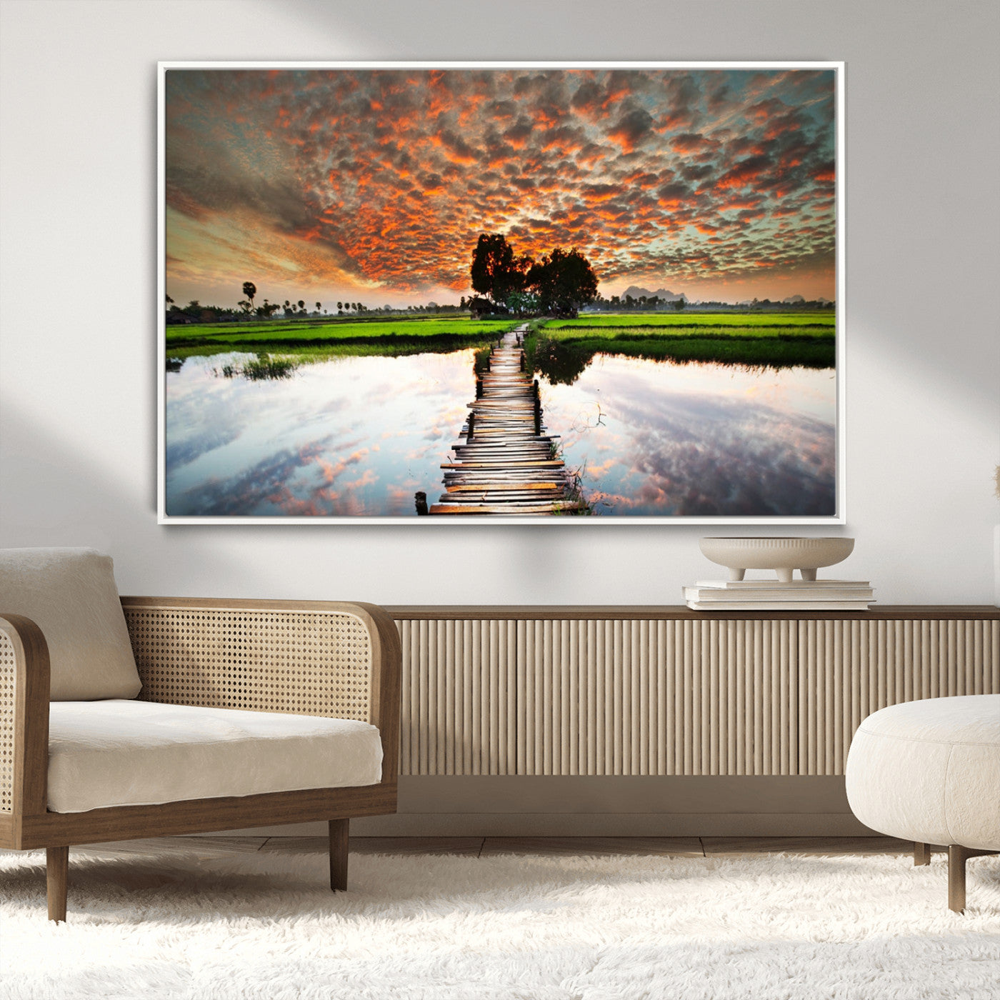 29105-MGV-CV-36X24-Rustic Wooden Bridge Wall Art – Scenic Sunset Over Rice Fields and Reflective Water Canvas Print, Nature Landscape Decor for