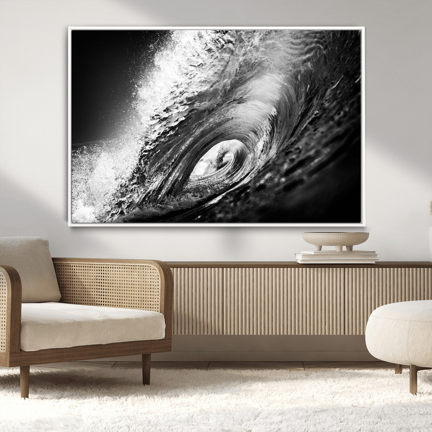 22702-MGV-CV-36X24-Black and White Ocean Wave Wall Art – Powerful Surf Curl Photography Canvas Print, Modern Coastal Decor for Living Room, Office or