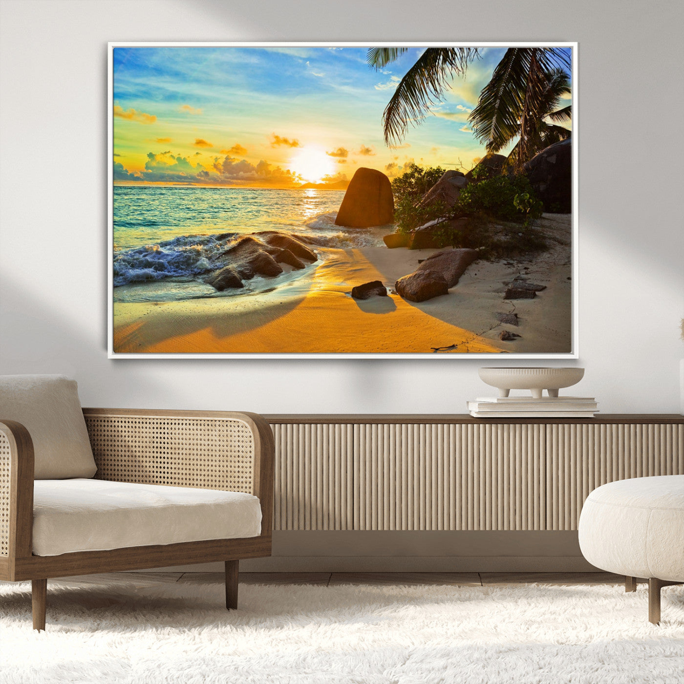 26181-MGV-CV-36X24-Golden Tropical Sunset Beach Wall Art – Ocean Canvas Print with Palm Trees and Rocks, Coastal Paradise Decor for Living Room or