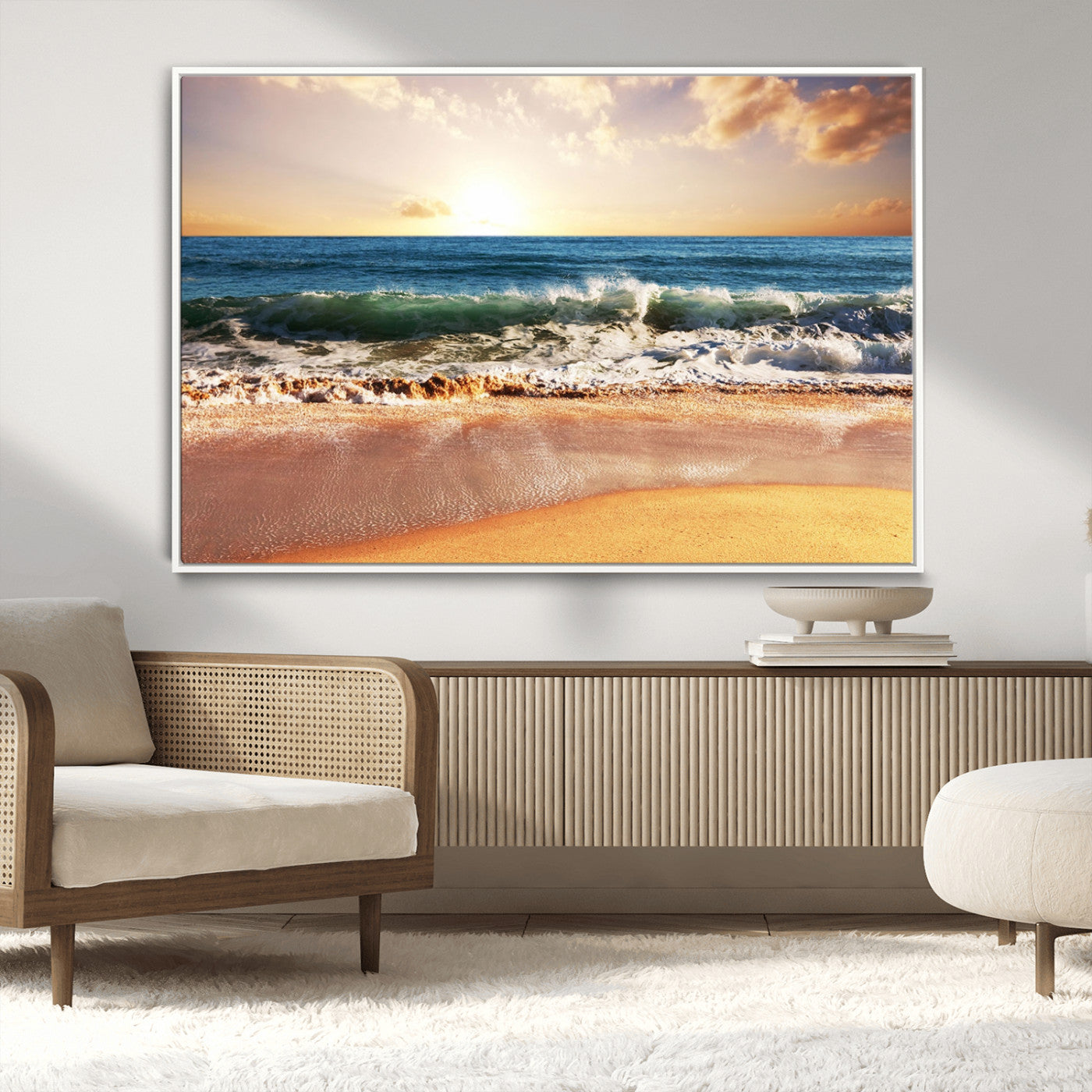 79005-MGV-CV-36X24-Golden Sunrise Ocean Waves Wall Art – Panoramic Seashore Canvas Print, Calming Coastal Decor for Home, Office or Relaxation Space