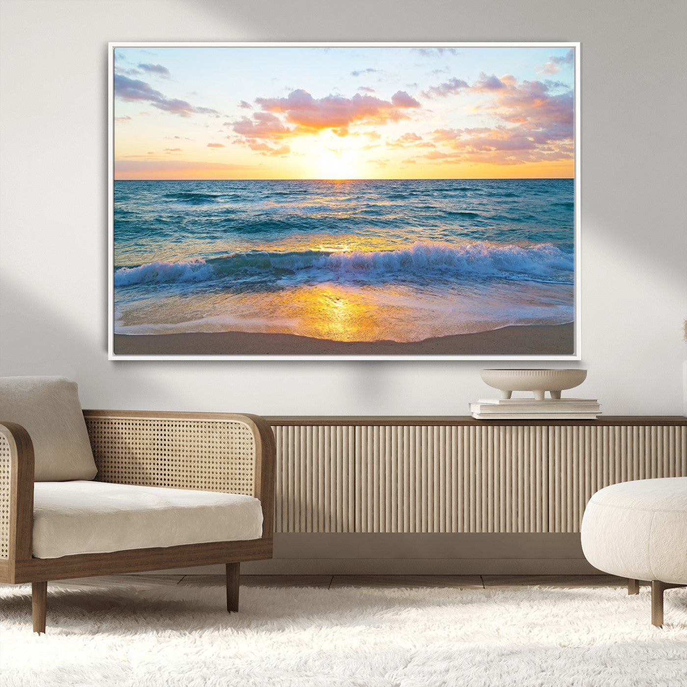 78006-MGV-CV-36X24-Golden Sunrise Ocean Wall Art – Panoramic Beach Waves Canvas Print, Coastal Seascape Artwork for Living Room, Bedroom, Office, or