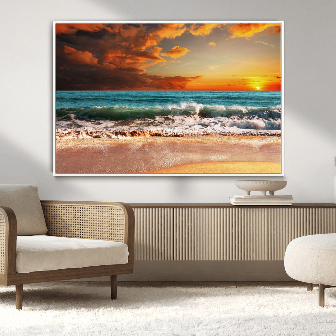 72948-MGV-CV-36X24-Ocean Sunset Wave Wall Art – Dramatic Seascape Canvas Print with Golden Sky and Crashing Waves, Coastal Beach Decor for Living