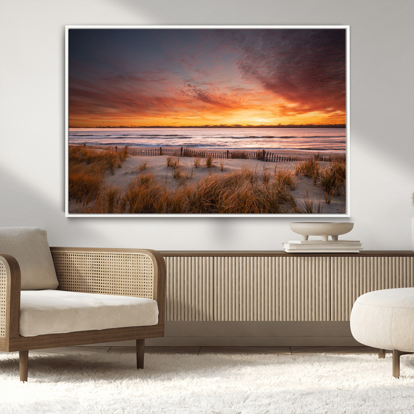 90176-MGV-CV-36X24-Beach Sunset Wall Art – Coastal Sand Dune Canvas Print with Ocean Waves and Dramatic Sky, Seaside Landscape Decor for Living Room