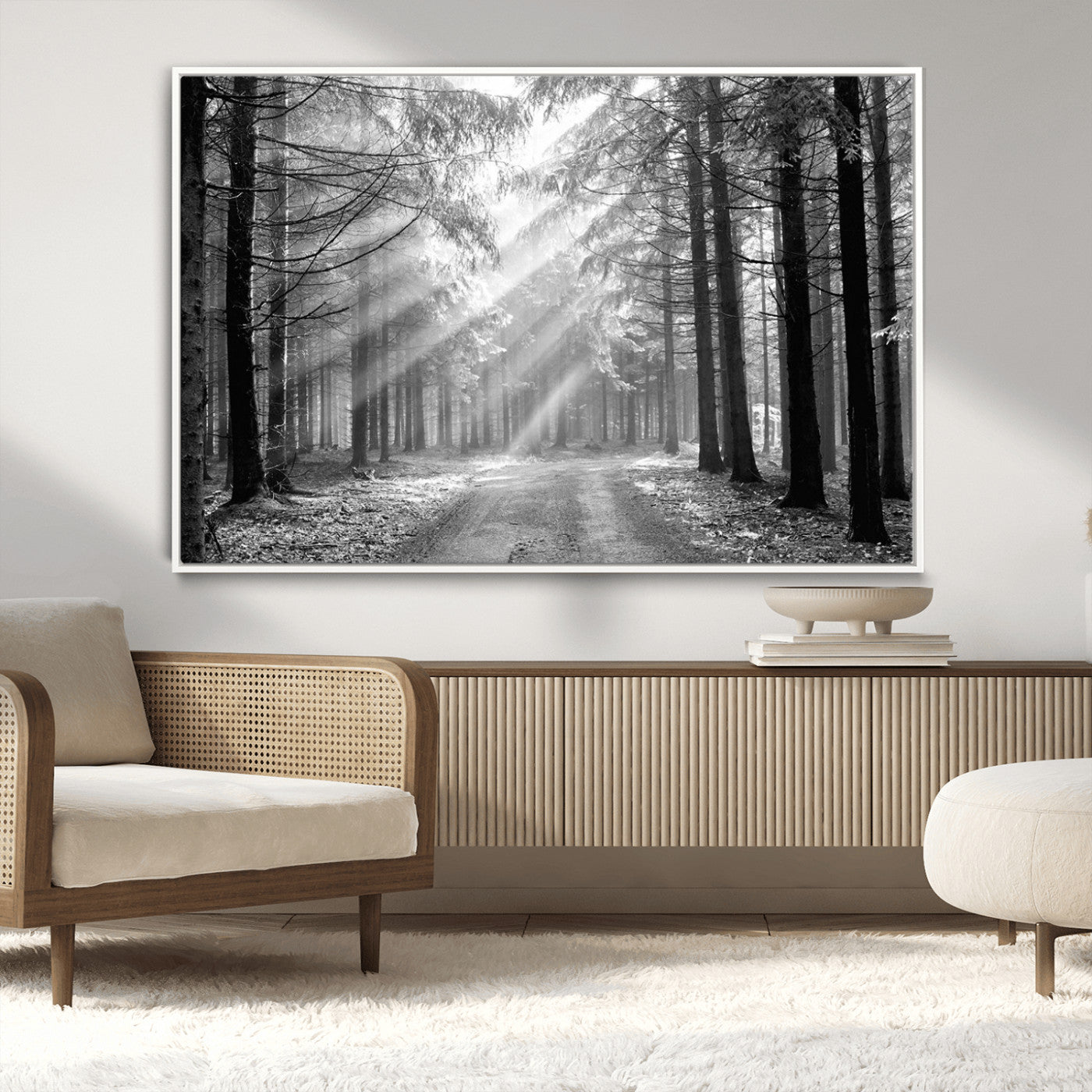 39665-MGV-CV-36X24-Black and White Forest Path Wall Art – Sunlight Rays in Trees Canvas Print, Nature Landscape Decor for Living Room or Office