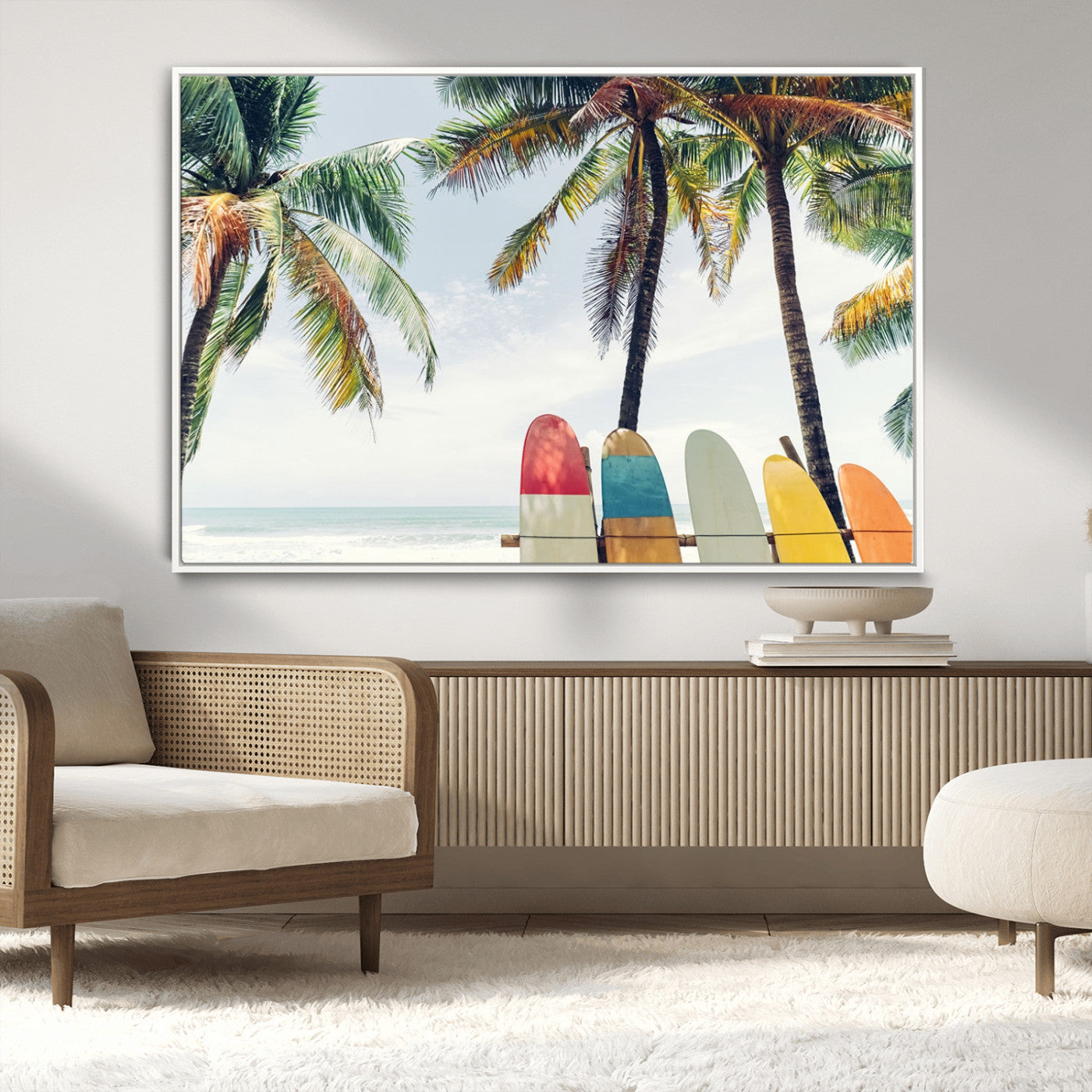 76171-MGV-CV-36X24-Surfboard Wall Art – Tropical Palm Tree and Colorful Surfboards Beach Canvas Print, Coastal Summer Decor for Living Room, Office