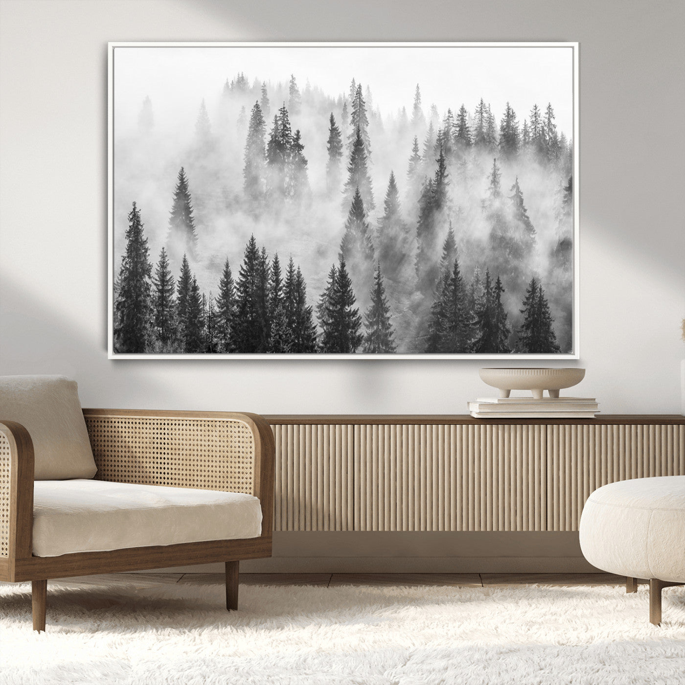 10422-MGV-CV-36X24-Misty Pine Forest Wall Art – Black and White Foggy Landscape Canvas Print, Serene Nature Woodland Decor for Bedroom, Office or