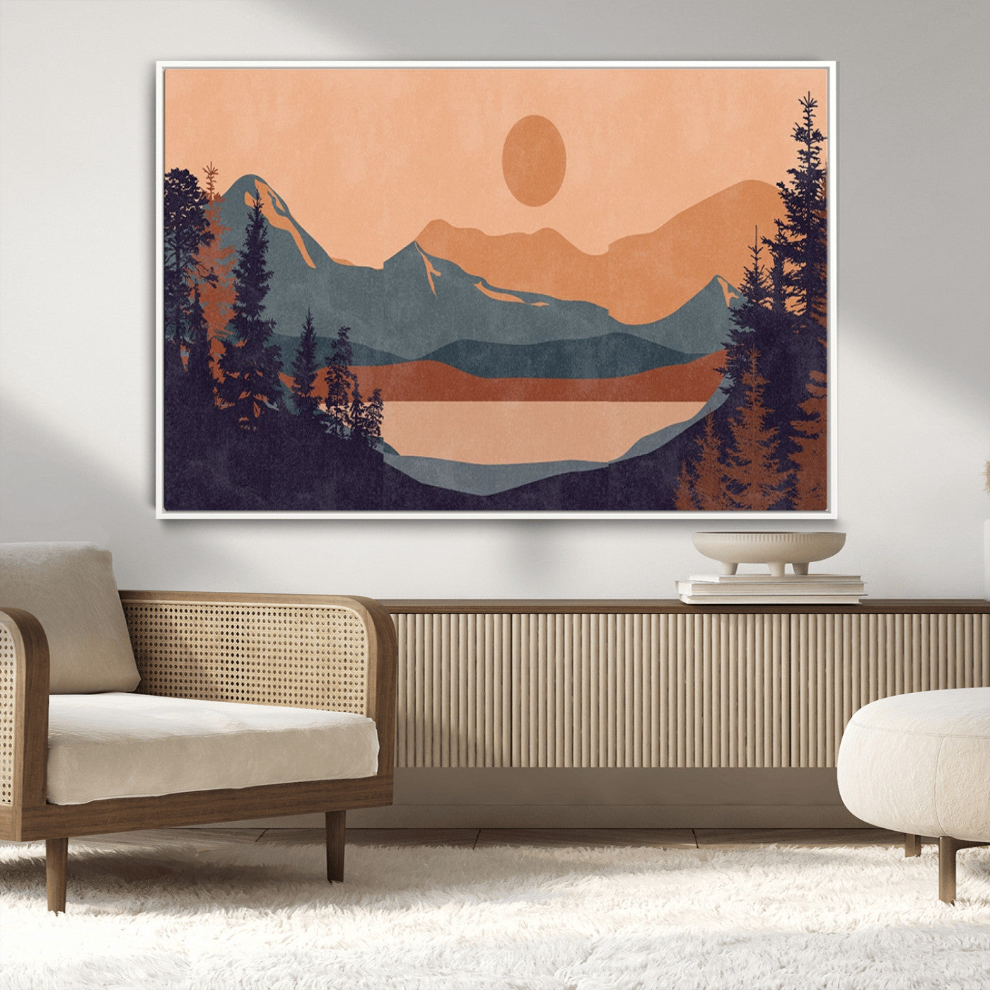 62795-MGV-CV-36X24-Minimalist Mountain Landscape Wall Art – Abstract Sunset Over Peaks and Pine Trees Canvas Print, Modern Nature Decor for Living