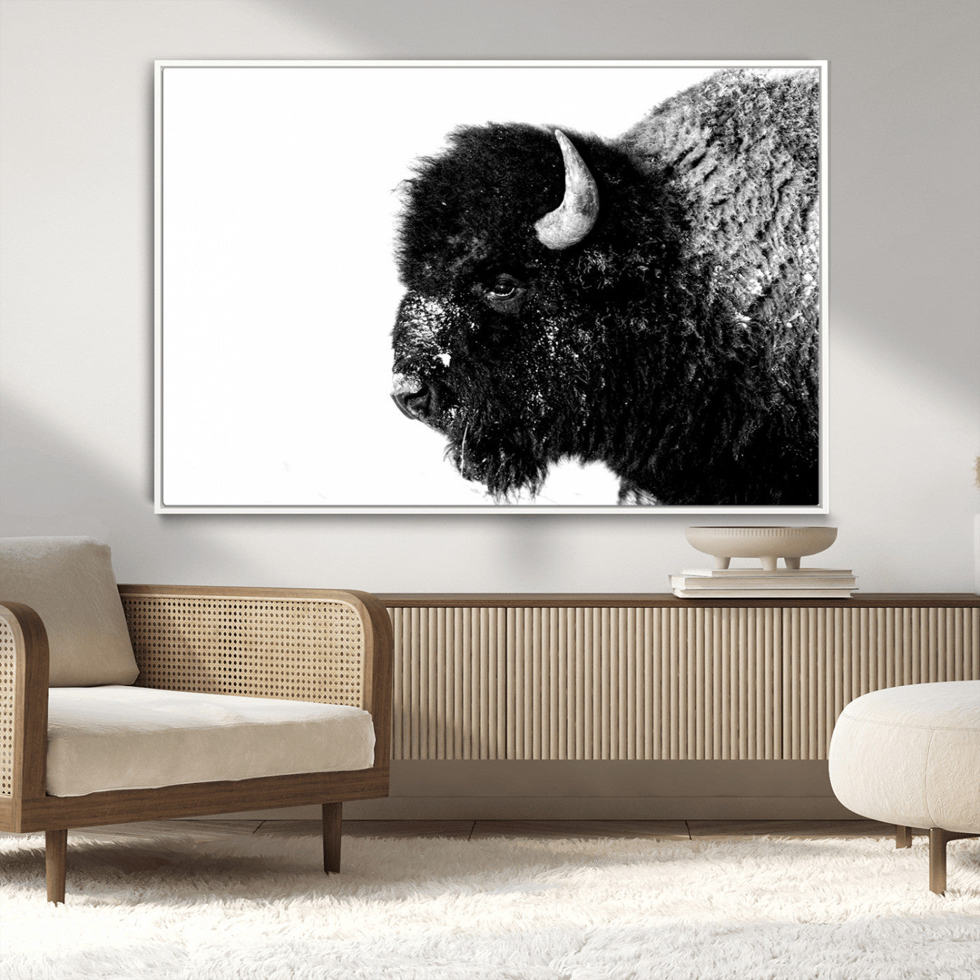 68780-MGV-CV-36X24-Bison Close-Up Wall Art – Black and White Buffalo Canvas Print, Rustic Wildlife Photography Decor for Living Room, Office, or