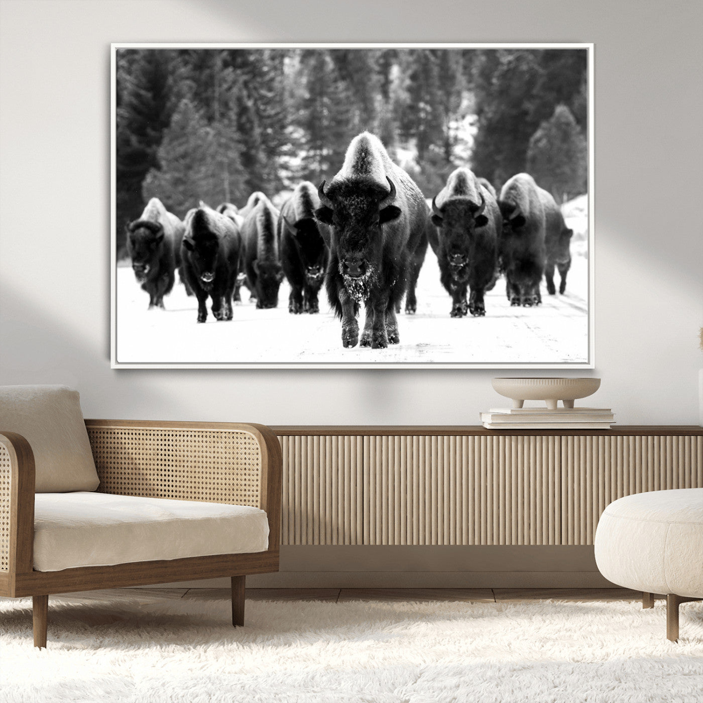 62434-MGV-CV-36X24-Bison Herd Wall Art – Majestic Black and White Buffalo Canvas Print, Wildlife Nature Photography Decor for Living Room, Office or