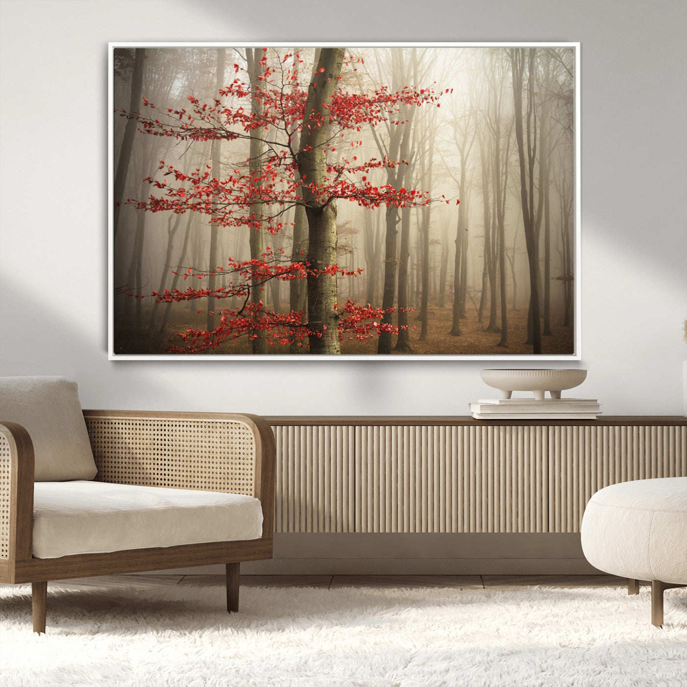 61855-MGV-CV-36X24-Misty Forest Wall Art – Red Tree with Autumn Leaves Canvas Print, Moody Woodland Nature Decor for Living Room, Bedroom, or Office