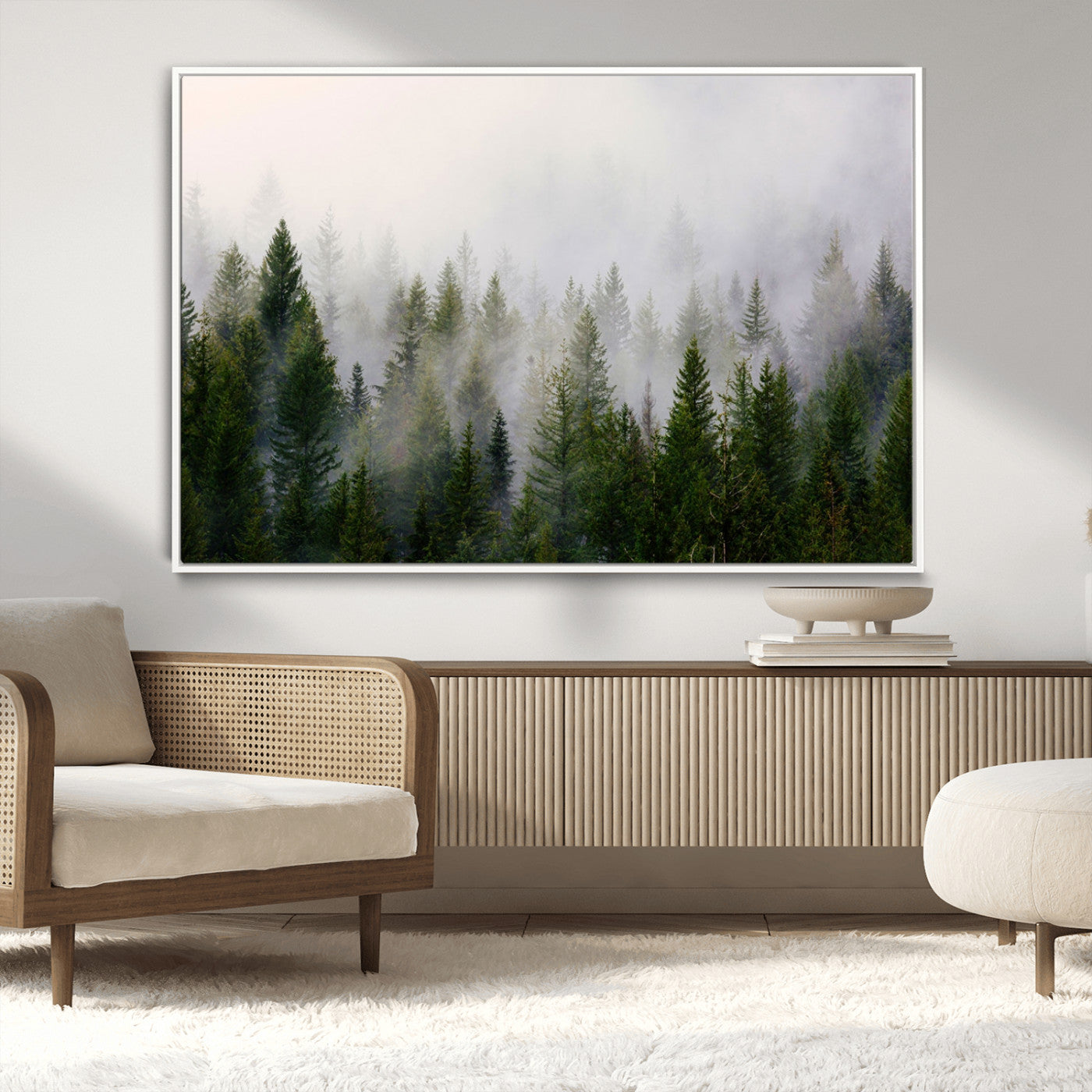 11436-MGV-CV-36X24-Misty Forest Wall Art – Tranquil Evergreen Tree Canvas Print with Foggy Landscape, Nature Inspired Artwork for Bedroom, Living