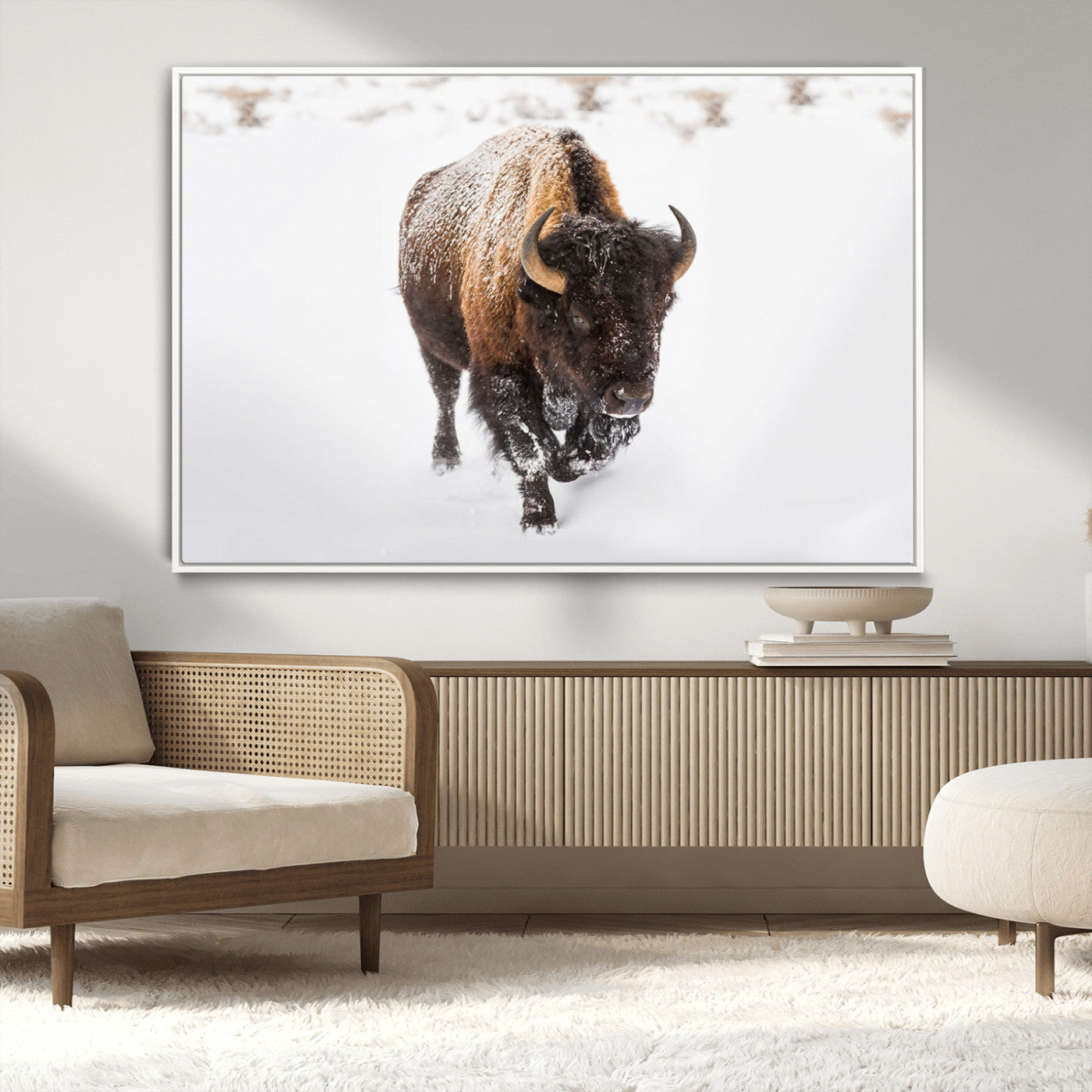 19889-MGV-CV-36X24-Snow Bison Wall Art – Majestic Buffalo Winter Landscape Canvas Print, Rustic Wildlife Photography Decor for Cabin, Lodge, Living
