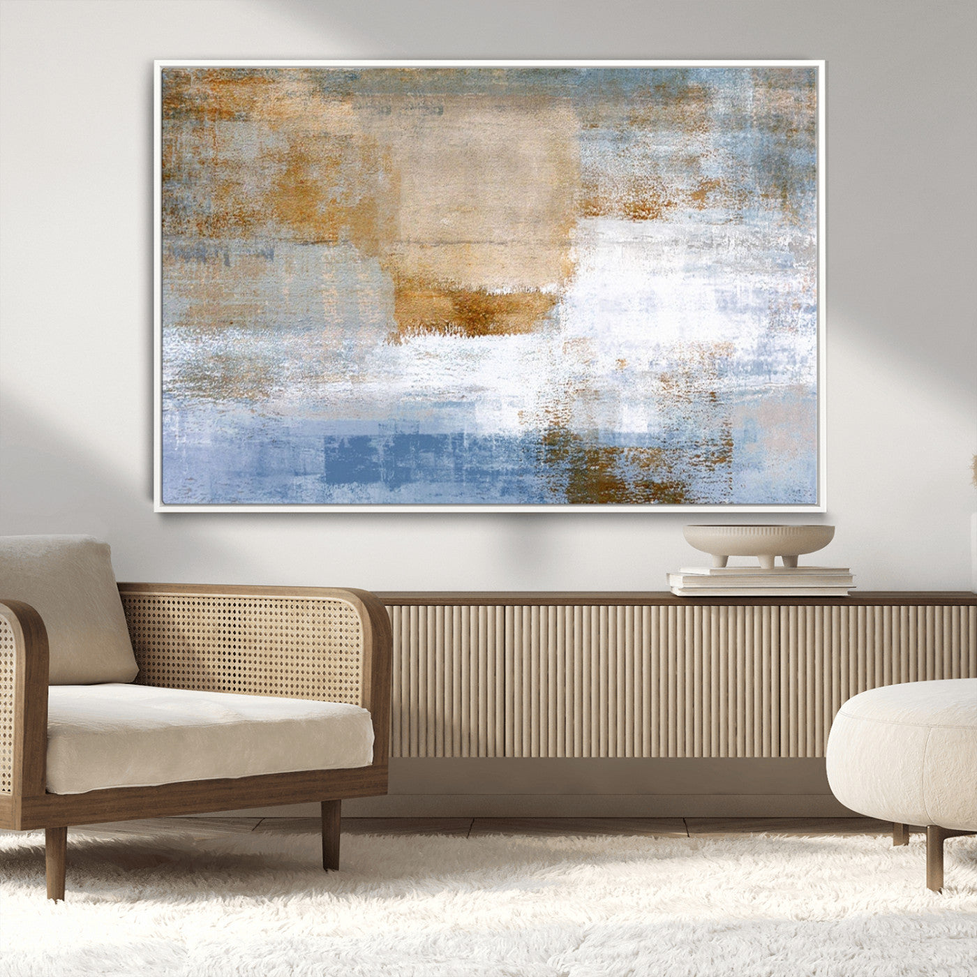 72354-MGV-CV-36X24-Blue and Gold Abstract Wall Art – Modern Minimalist Canvas Print, Textured Contemporary Painting for Living Room, Bedroom, or