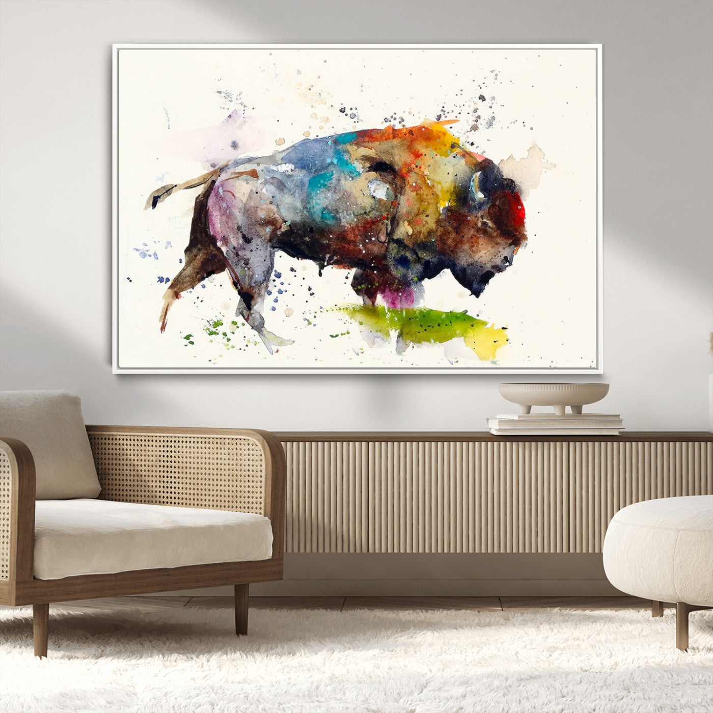 44504-MGV-CV-36X24-Buffalo Watercolor Wall Art – Abstract Bison Canvas Print, Rustic Wildlife Decor for Living Room, Office, Cabin, Man Cave or