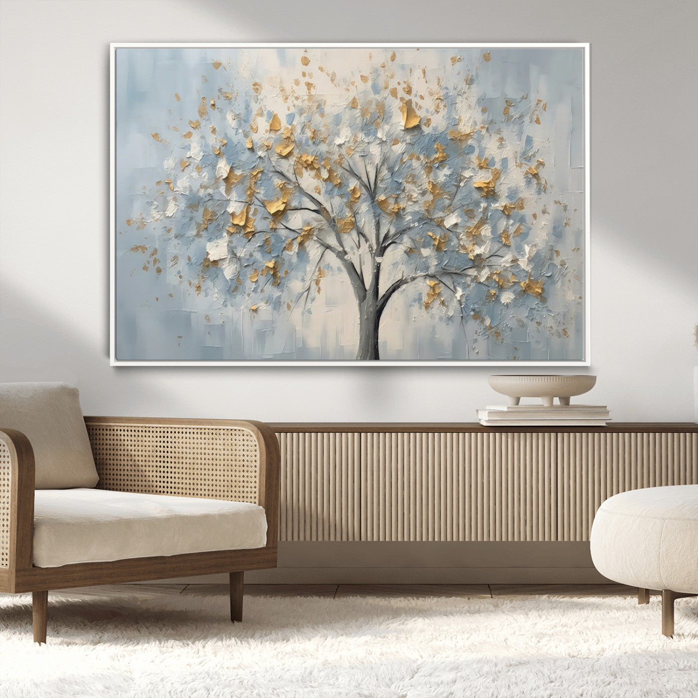 65811-MGV-CV-36X24-Abstract Tree Wall Art – Textured Canvas Painting with Gold and White Leaves, Modern Nature Inspired Decor for Living Room or