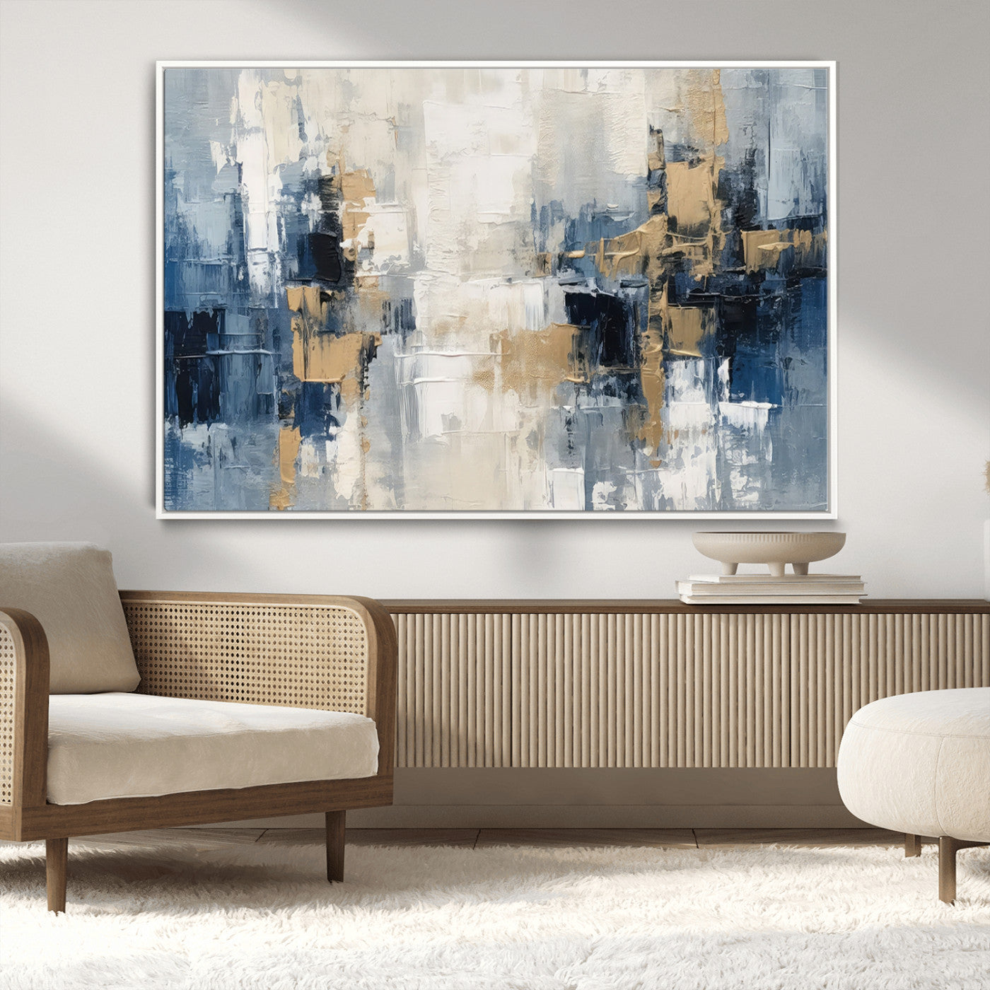 44344-MGV-CV-36X24-Abstract Blue and Gold Wall Art – Modern Hand Painted Canvas Print, Contemporary Textured Painting for Living Room, Bedroom or