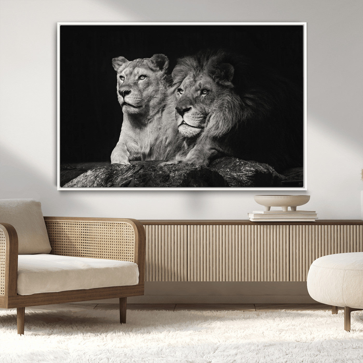 80013-MGV-CV-36X24-Lion and Lioness Wall Art – Black and White Wildlife Photography Canvas Print, African Safari Animal Decor for Office, Bedroom, or