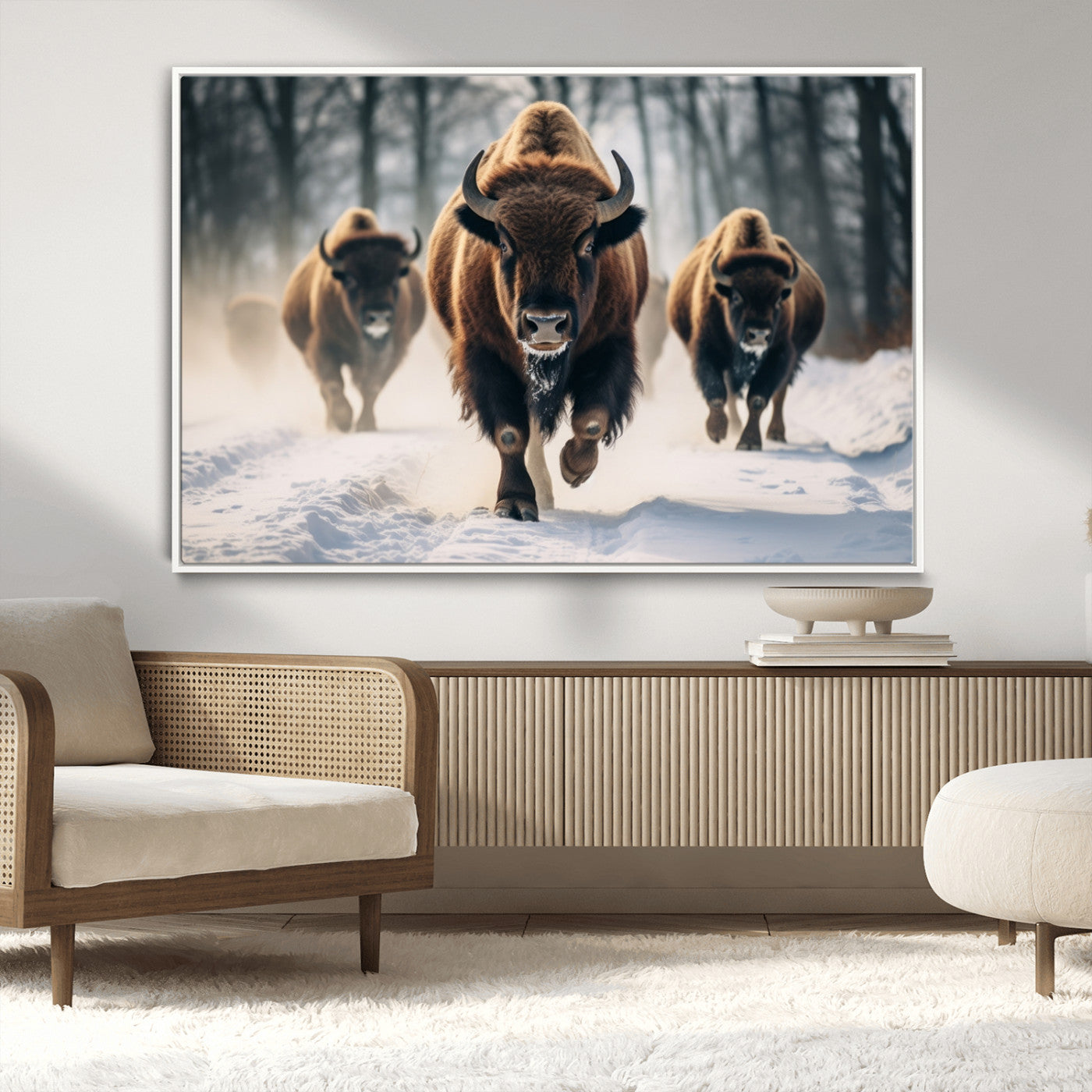 56549-MGV-CV-36X24-Wild Bison Wall Art – Majestic Buffalo Herd Running in Snow Canvas Print, Rustic Wildlife Photography Decor for Cabin, Lodge, or