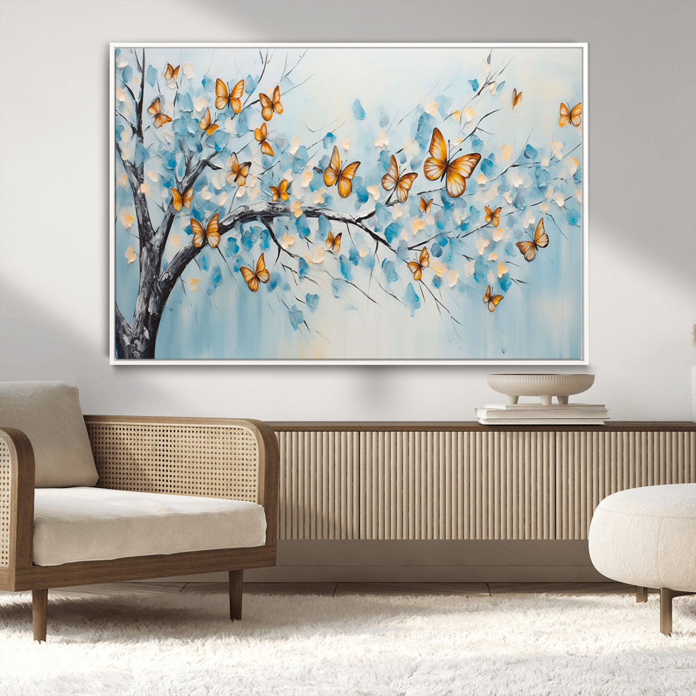 59455-MGV-CV-36X24-Butterfly Tree Branch Wall Art – Blue and Yellow Abstract Canvas Print, Modern Nature Artwork for Living Room, Bedroom or Office