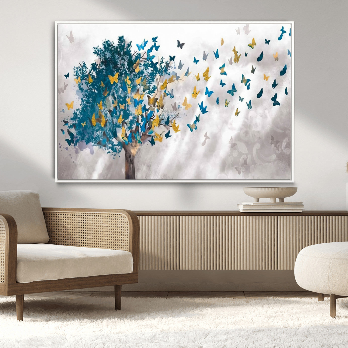 37564-MGV-CV-36X24-Butterfly Tree Wall Art – Modern Nature Canvas Print with Blue and Golden Butterflies, Elegant Decorative Painting for Living Room