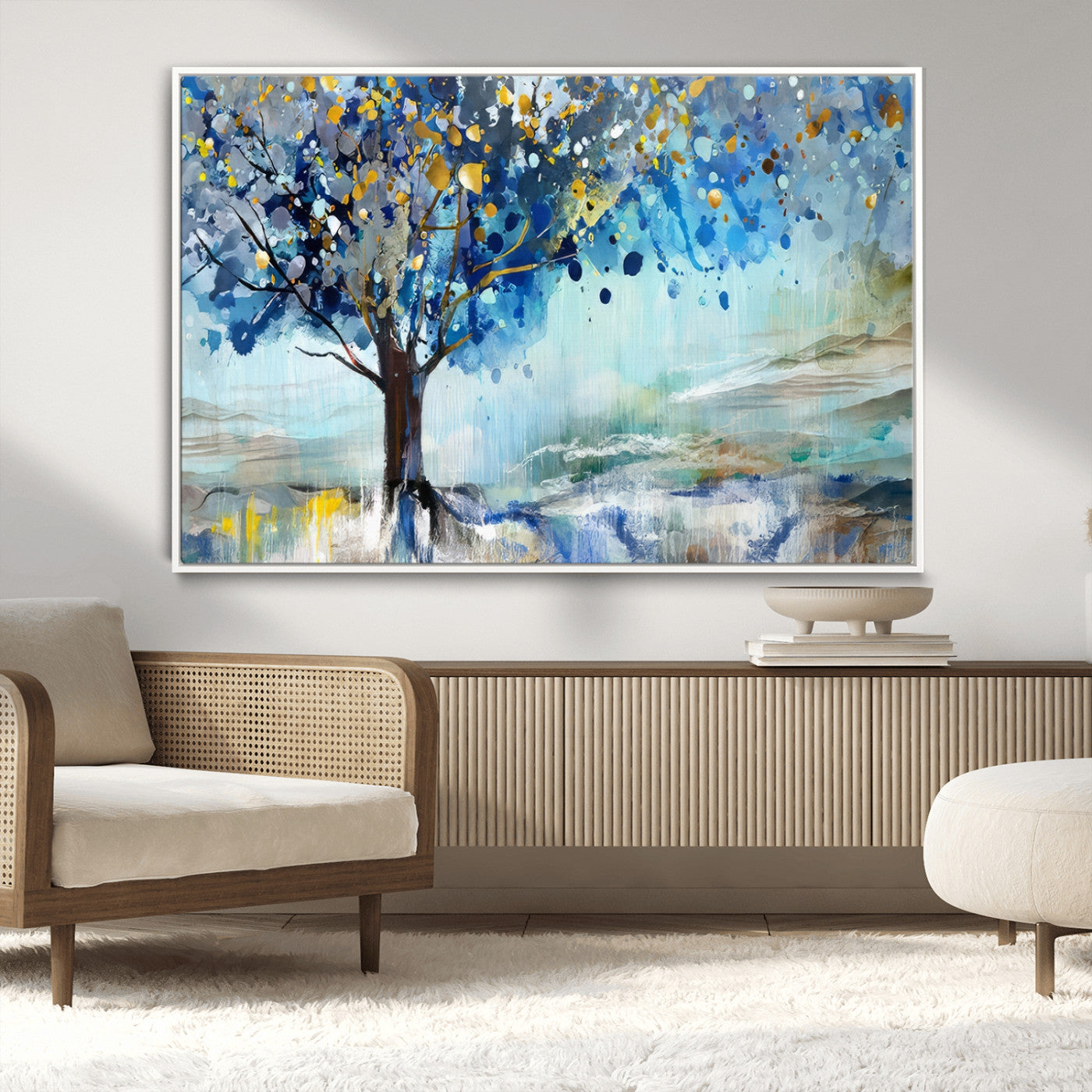 17018-MGV-CV-36X24-Abstract Blue Tree Wall Art – Colorful Canvas Painting with Gold and Silver Accents, Modern Nature Artwork for Living Room,