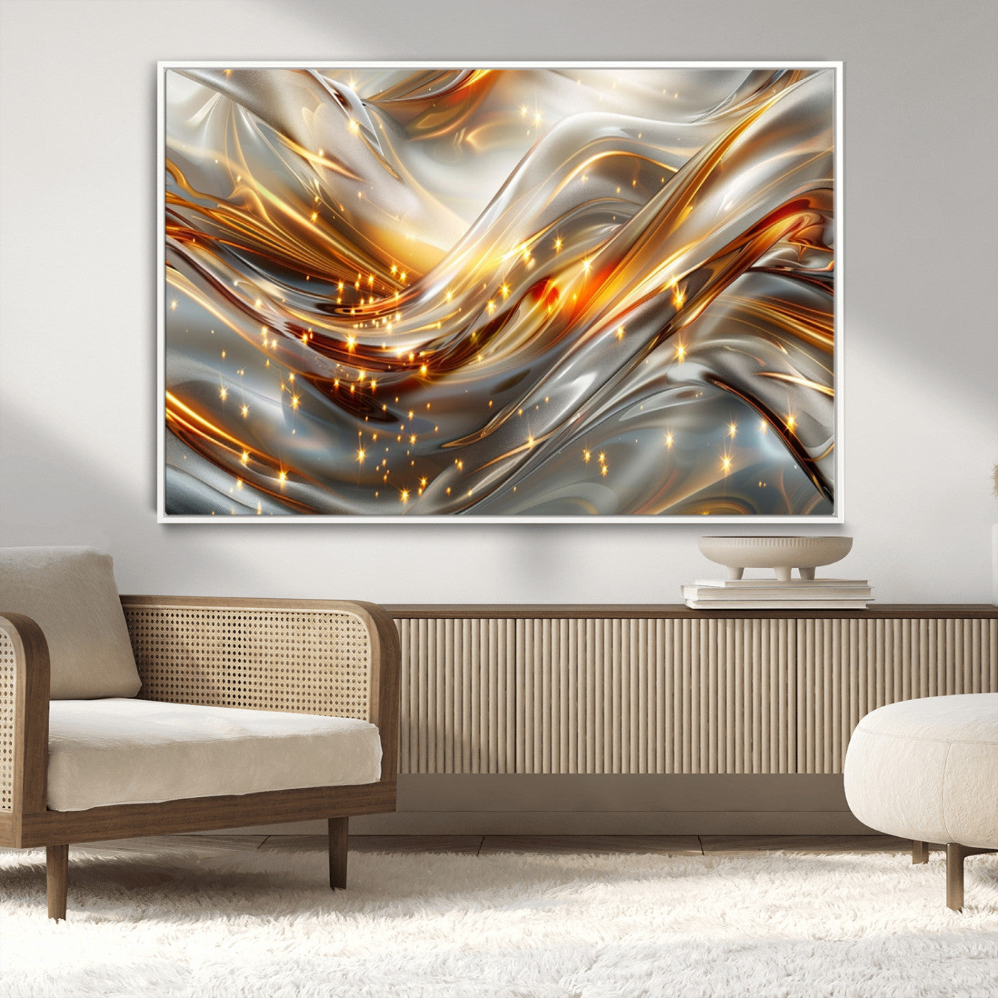 Lines1-MGV-CV-36X24-Abstract Metallic Wall Art – Silver and Gold Wave Canvas Print with Sparkling Accents, Modern Luxury Decor for Living Room, Office