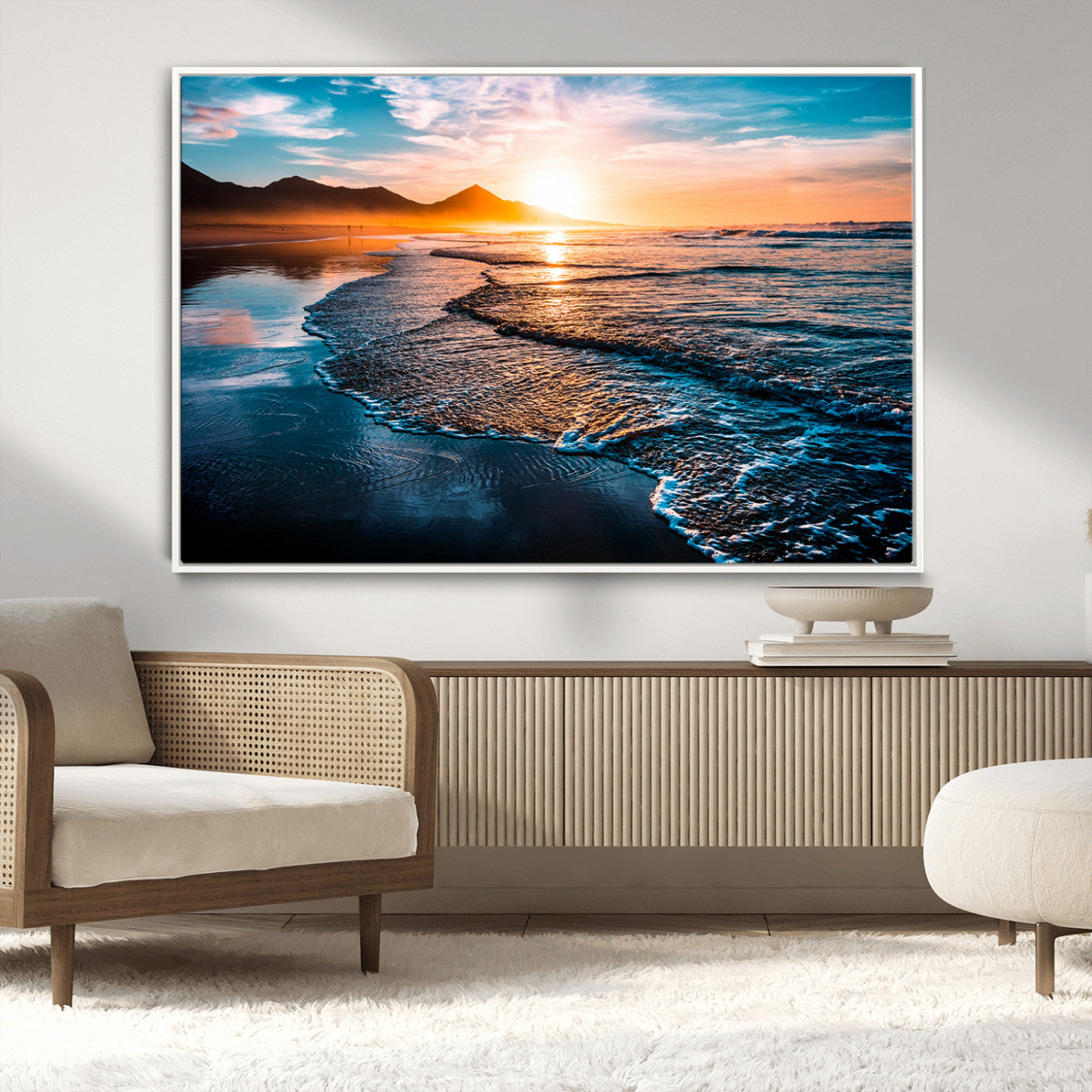 26494-MGV-CV-36X24-Ocean Sunset Wall Art – Scenic Beach Canvas Print with Waves and Mountains, Coastal Seascape Photography for Living Room, Bedroom