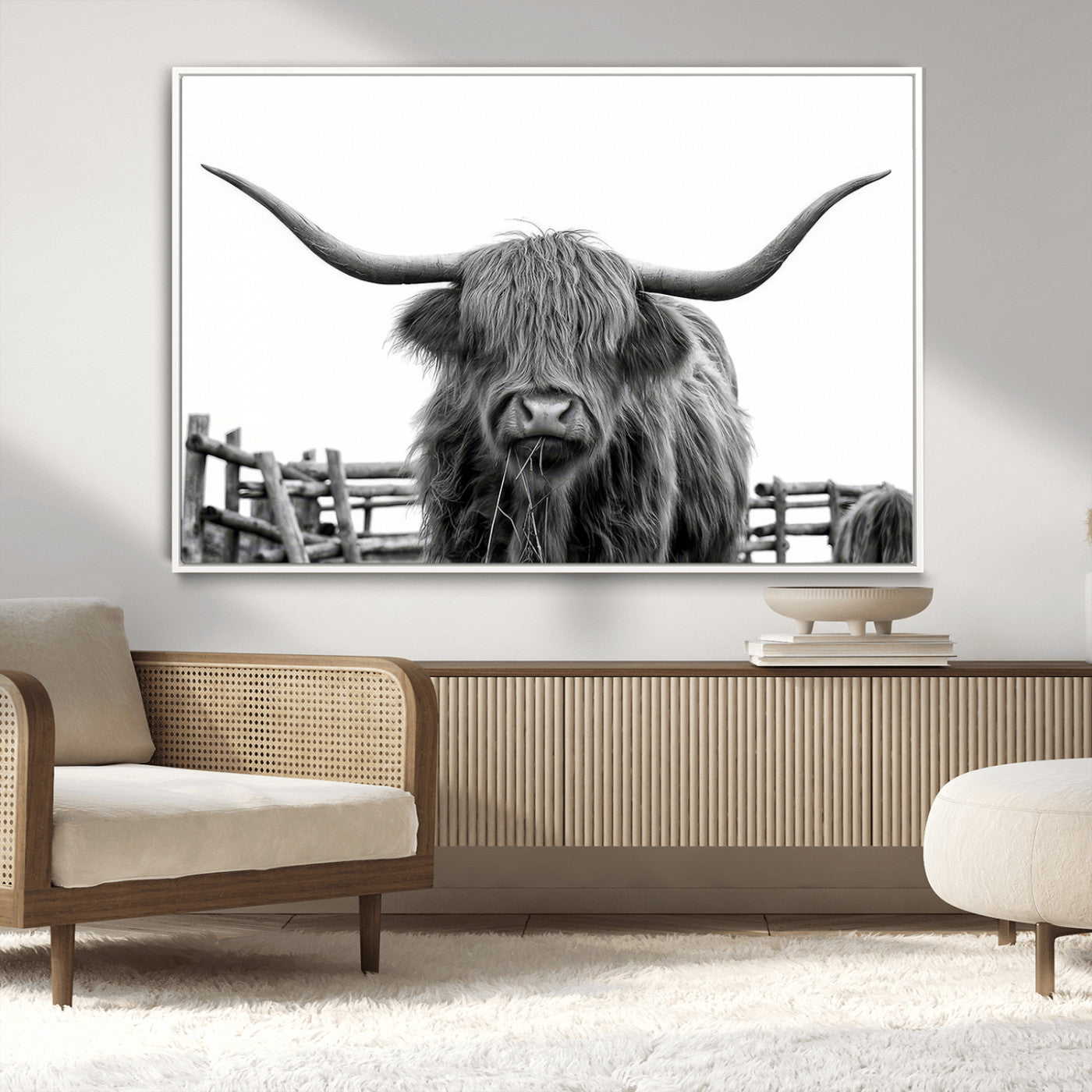 58188-MGV-CV-36X24-Highland Cow Wall Art – Black and White Rustic Farmhouse Canvas Print, Longhorn Cattle Photography Decor for Living Room or