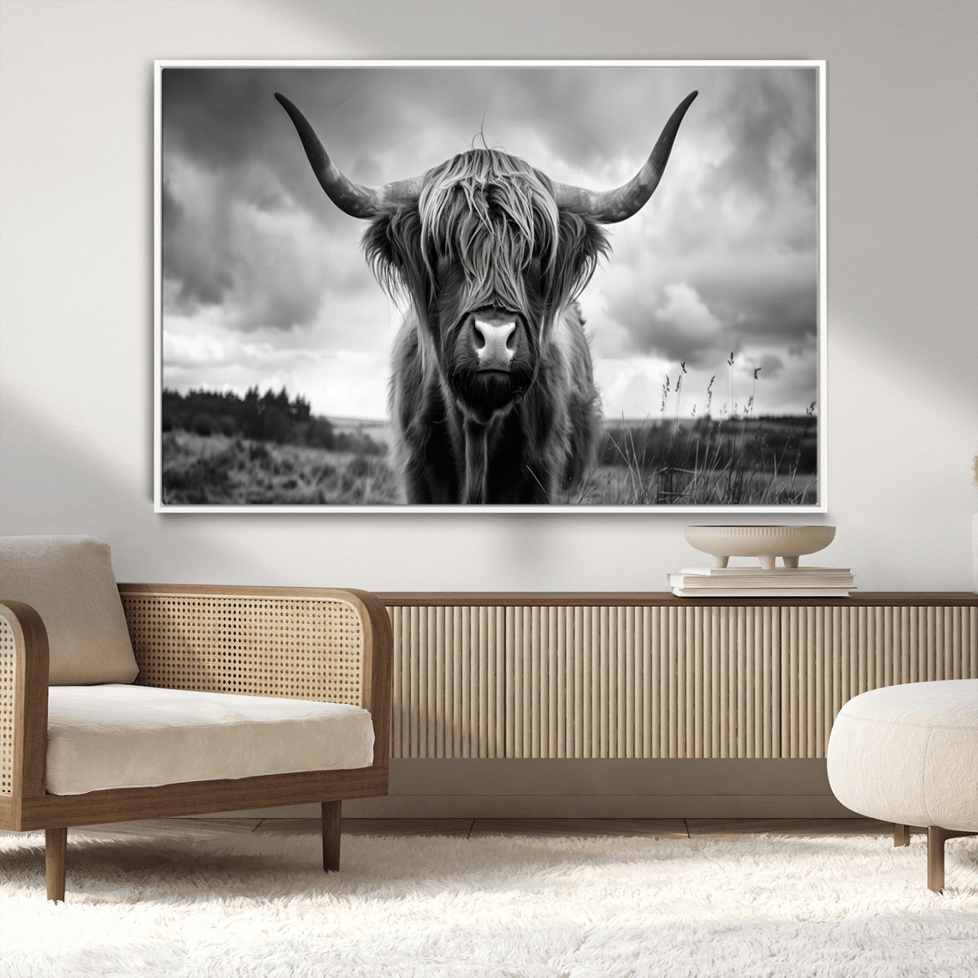 17924-MGV-CV-36X24-Highland Cow Wall Art – Black and White Rustic Longhorn Cattle Canvas Print, Farmhouse Animal Photography Decor for Country Home