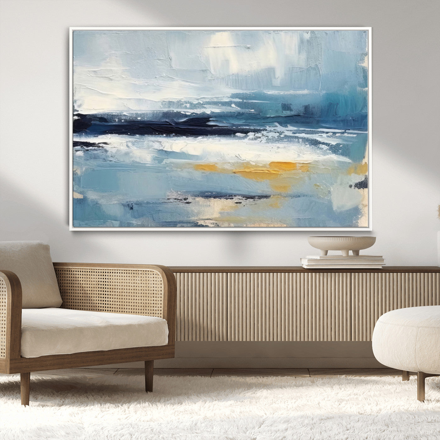 19746-MGV-CV-36X24-Abstract Ocean Wall Art – Modern Coastal Canvas Print with Blue, White and Gold Textures, Contemporary Seascape Painting for