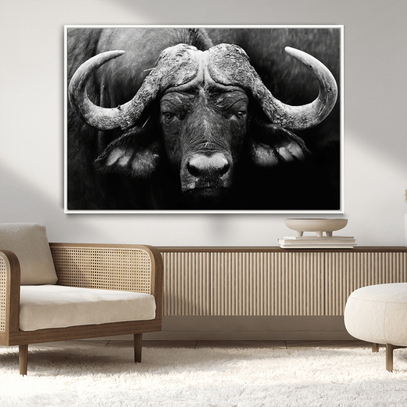 75273-MGV-CV-36X24-Buffalo Wall Art – Black and White African Buffalo Canvas Print, Rustic Wildlife Animal Artwork for Farmhouse, Living Room,