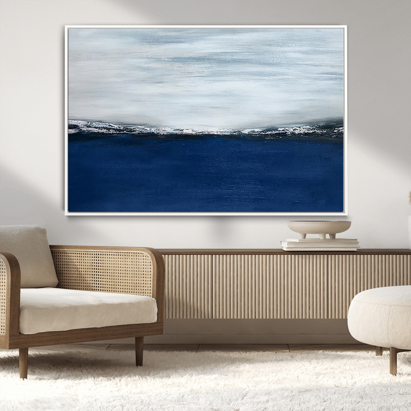 62197-MGV-CV-36X24-Abstract Ocean Wall Art – Minimalist Blue and White Canvas Print, Modern Coastal Seascape Painting for Bedroom, Living Room or