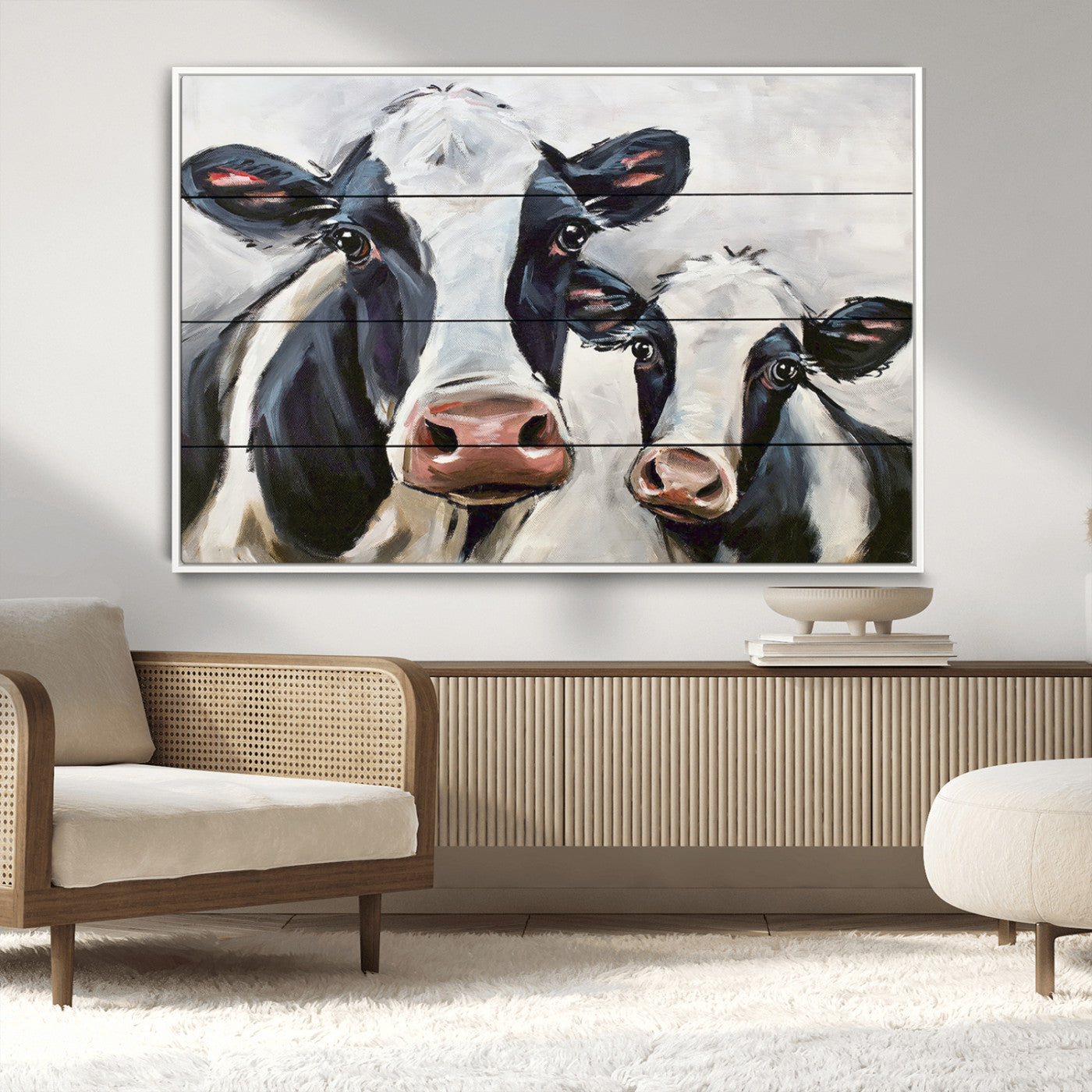 28934-MGV-CV-36X24-Farmhouse Cow Wall Art – Rustic Black and White Dairy Cattle Canvas Print, Country Barn Animal Painting for Kitchen, Living Room